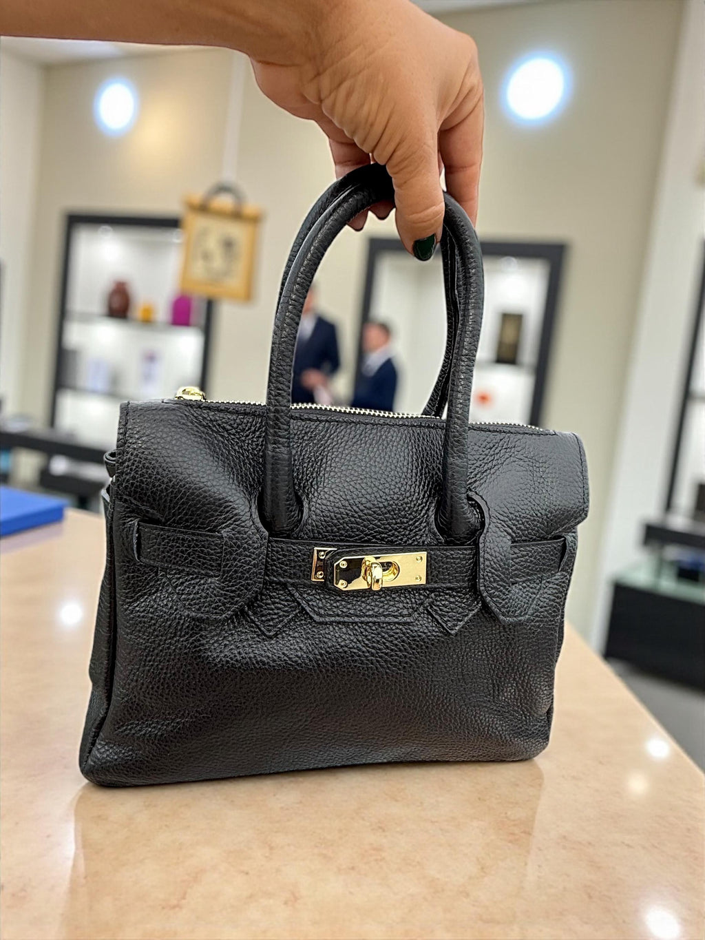 Black Pebbled  Leather Top-Handle Handbag