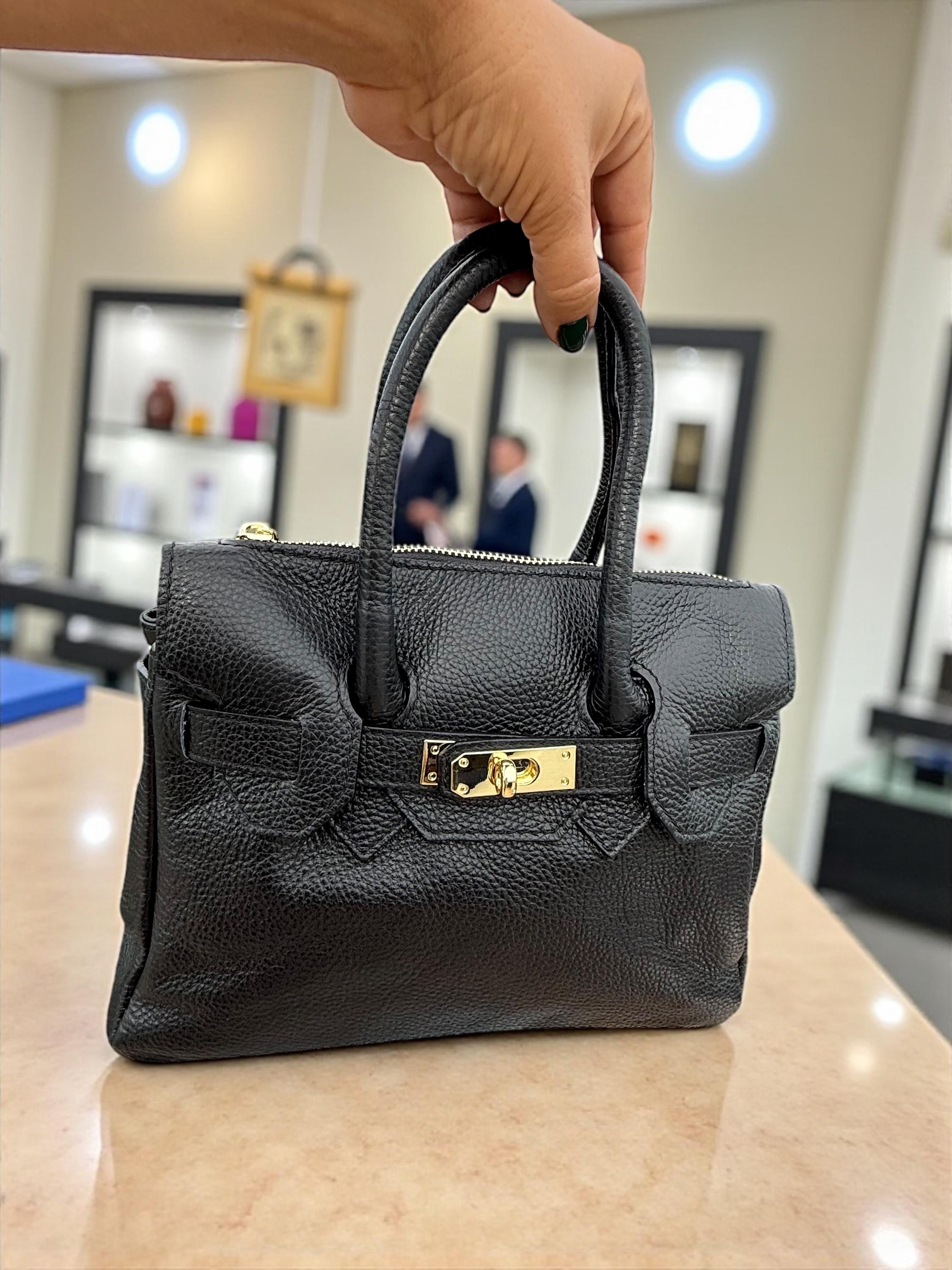 Black Pebbled  Leather Top-Handle Handbag