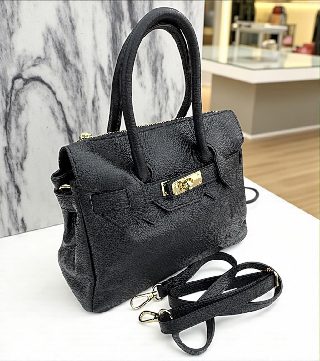 Black Pebbled  Leather Top-Handle Handbag