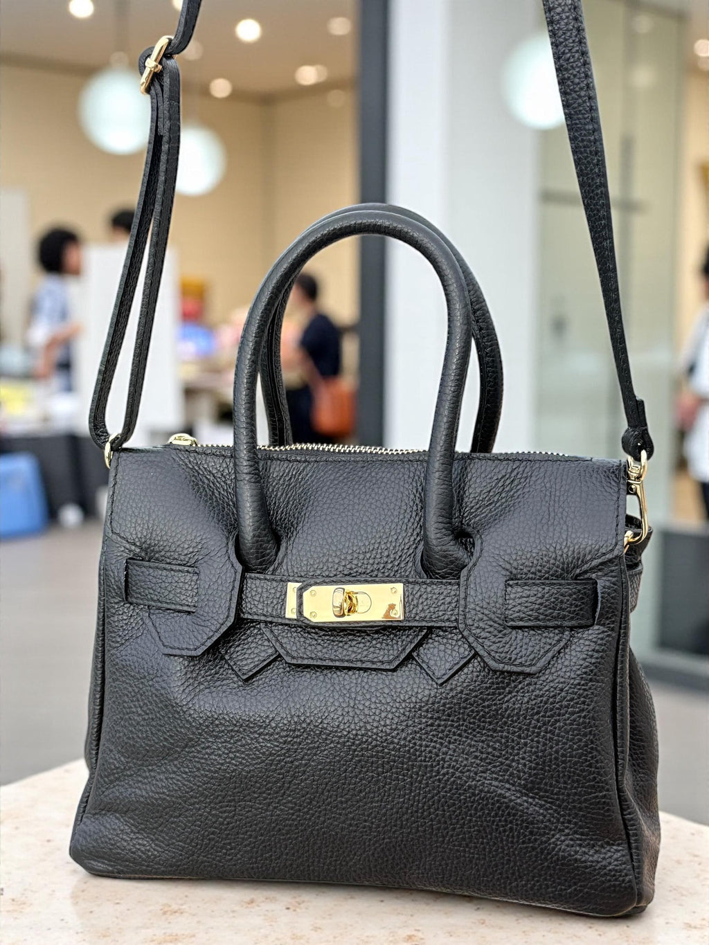 Black Pebbled  Leather Top-Handle Handbag