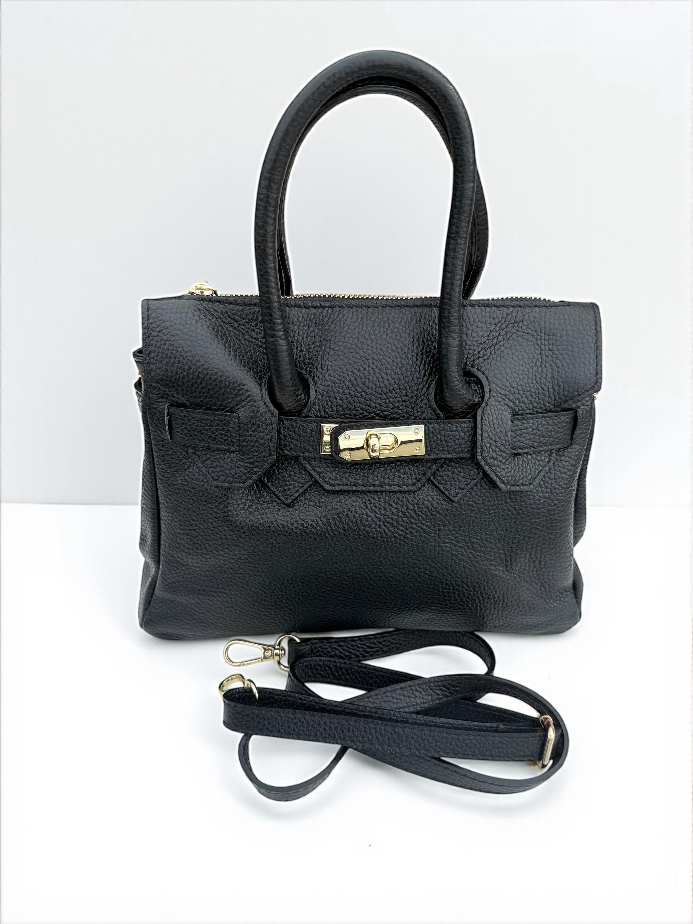Black Pebbled  Leather Top-Handle Handbag