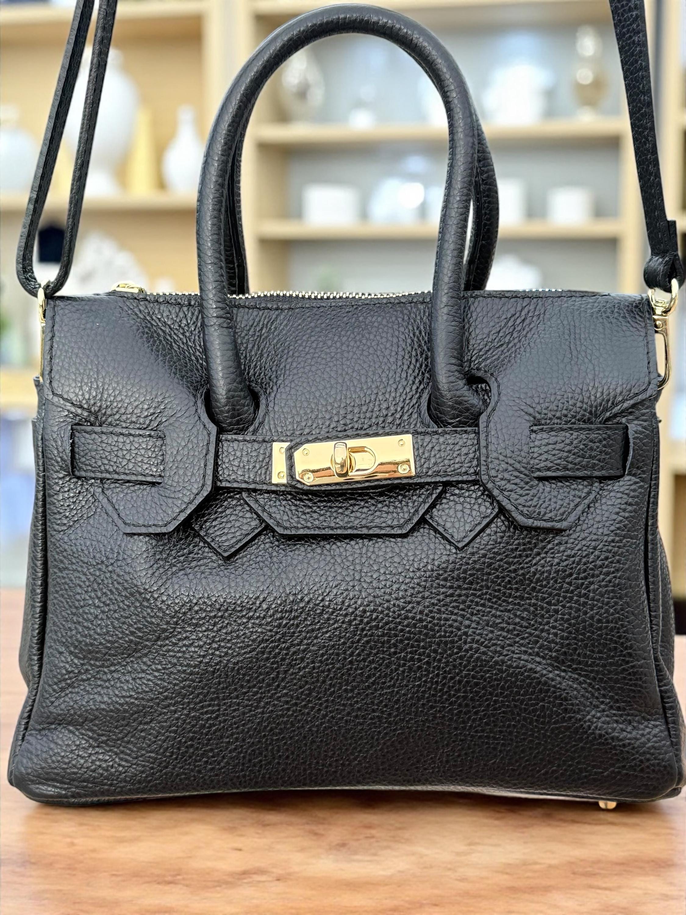 Black Pebbled  Leather Top-Handle Handbag