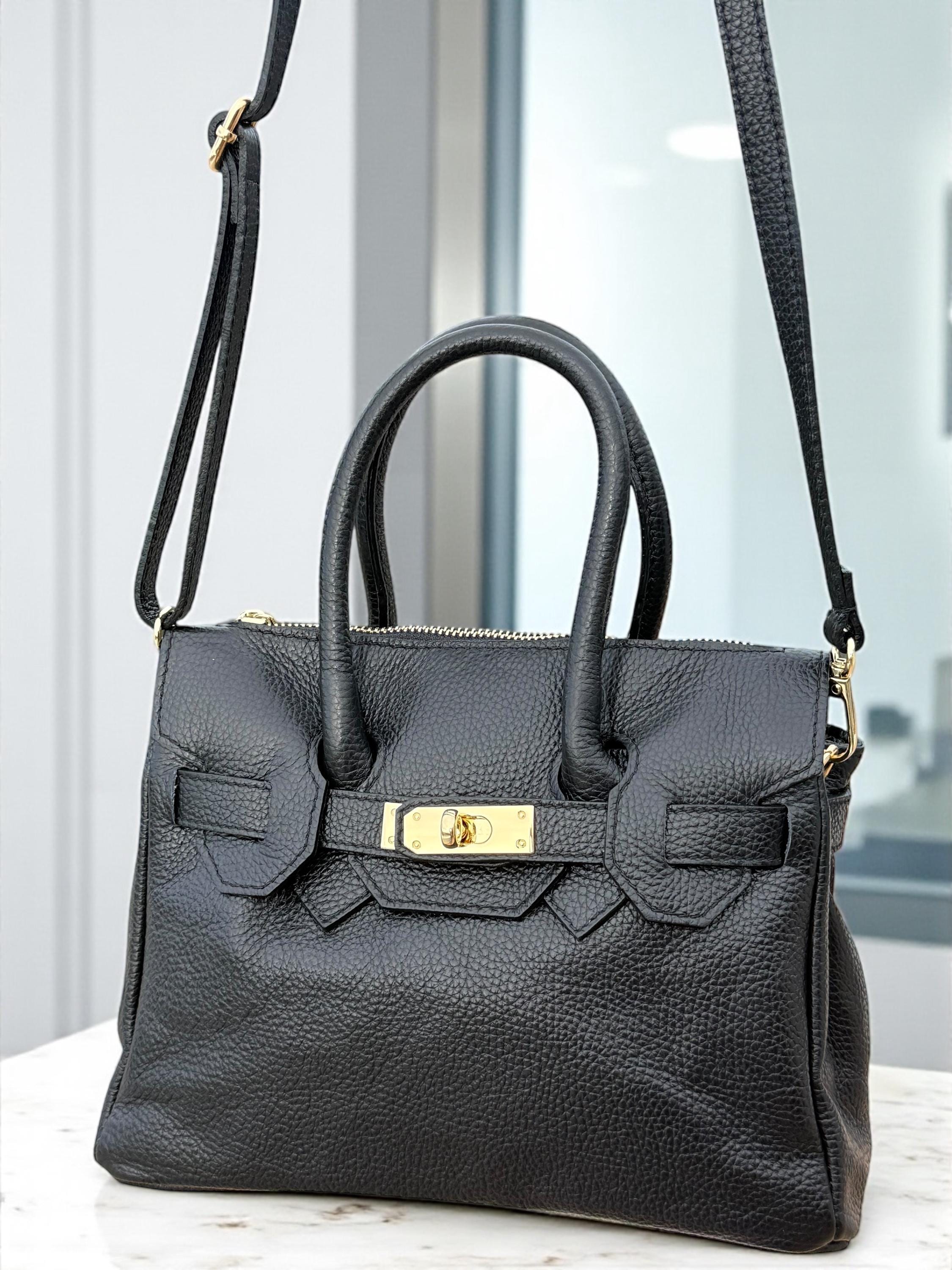 Black Pebbled  Leather Top-Handle Handbag