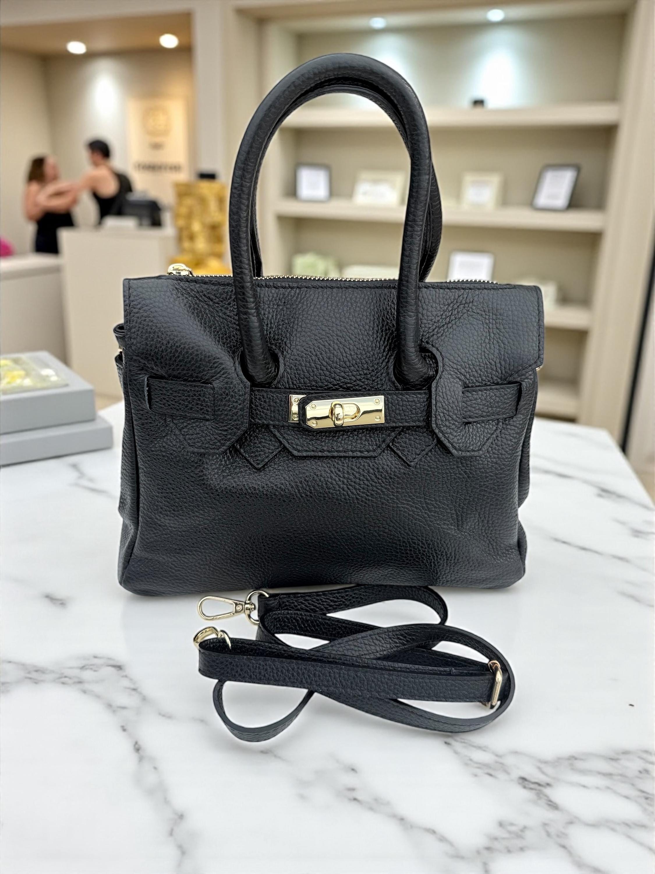 Black Pebbled  Leather Top-Handle Handbag
