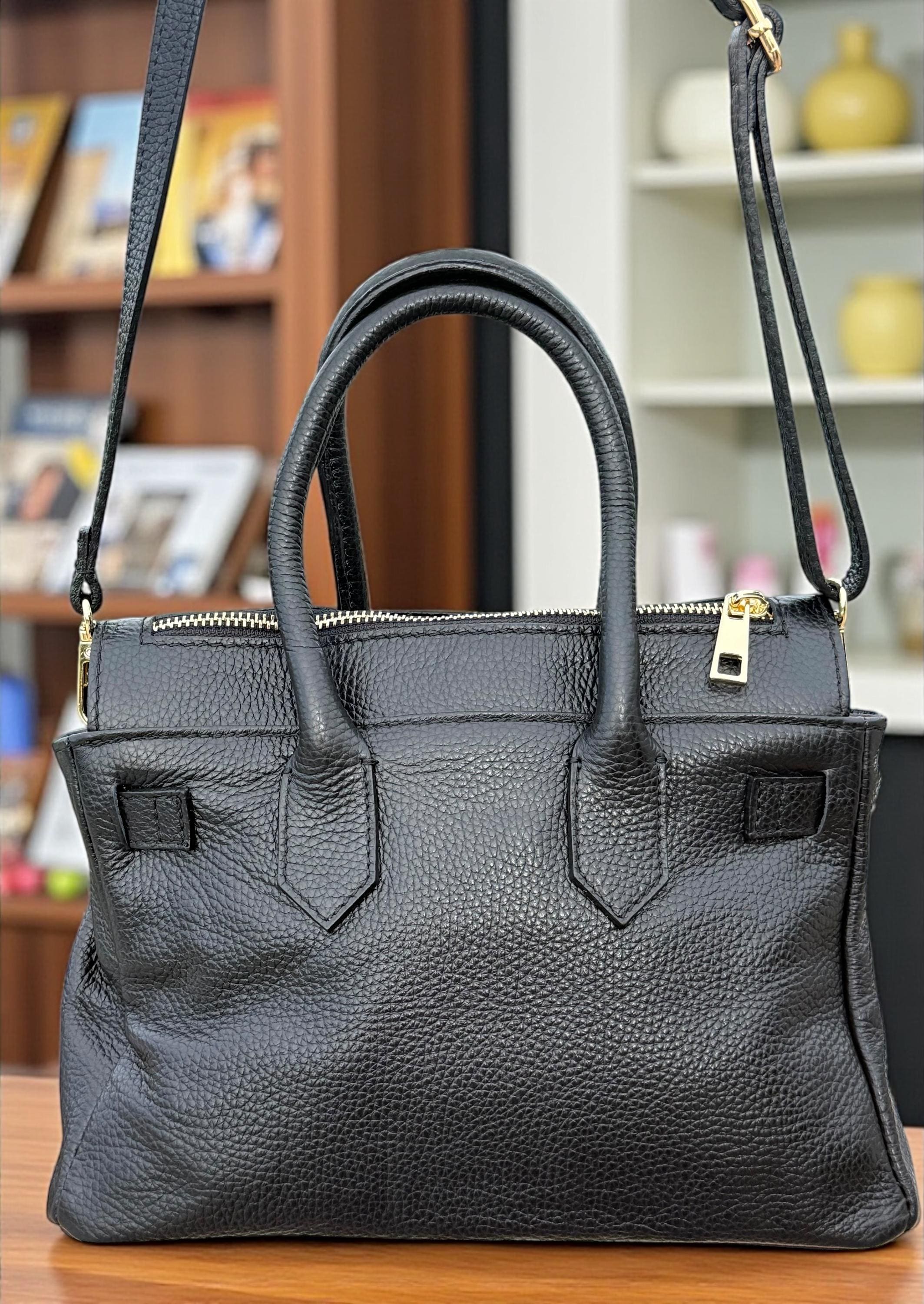 Black Pebbled  Leather Top-Handle Handbag