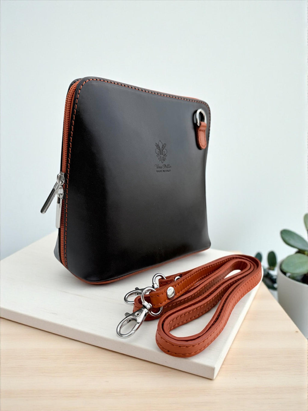 Coffee brown & camel  Italian Leather Structured crossbody Bag