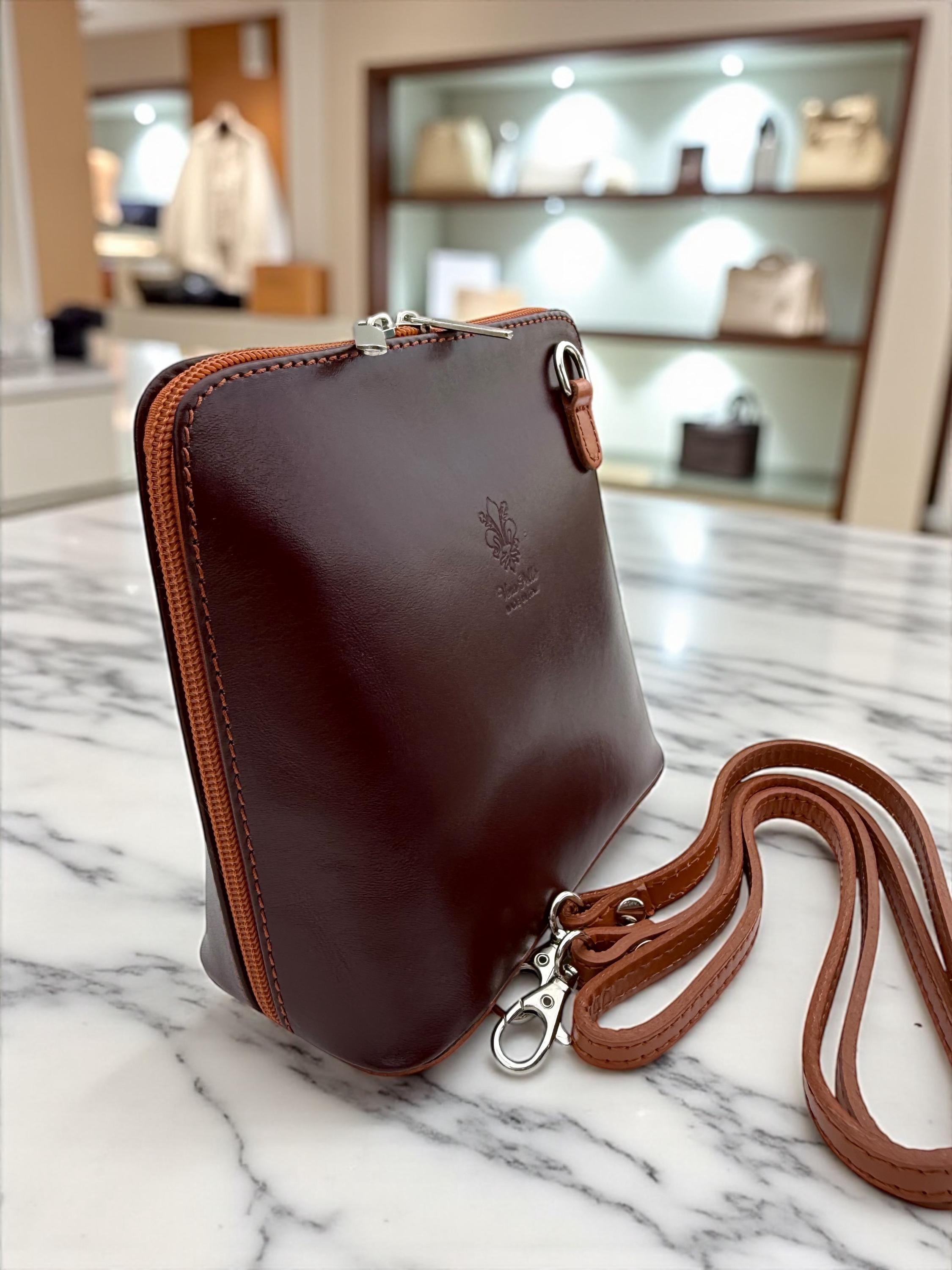Coffee brown & camel  Italian Leather Structured crossbody Bag