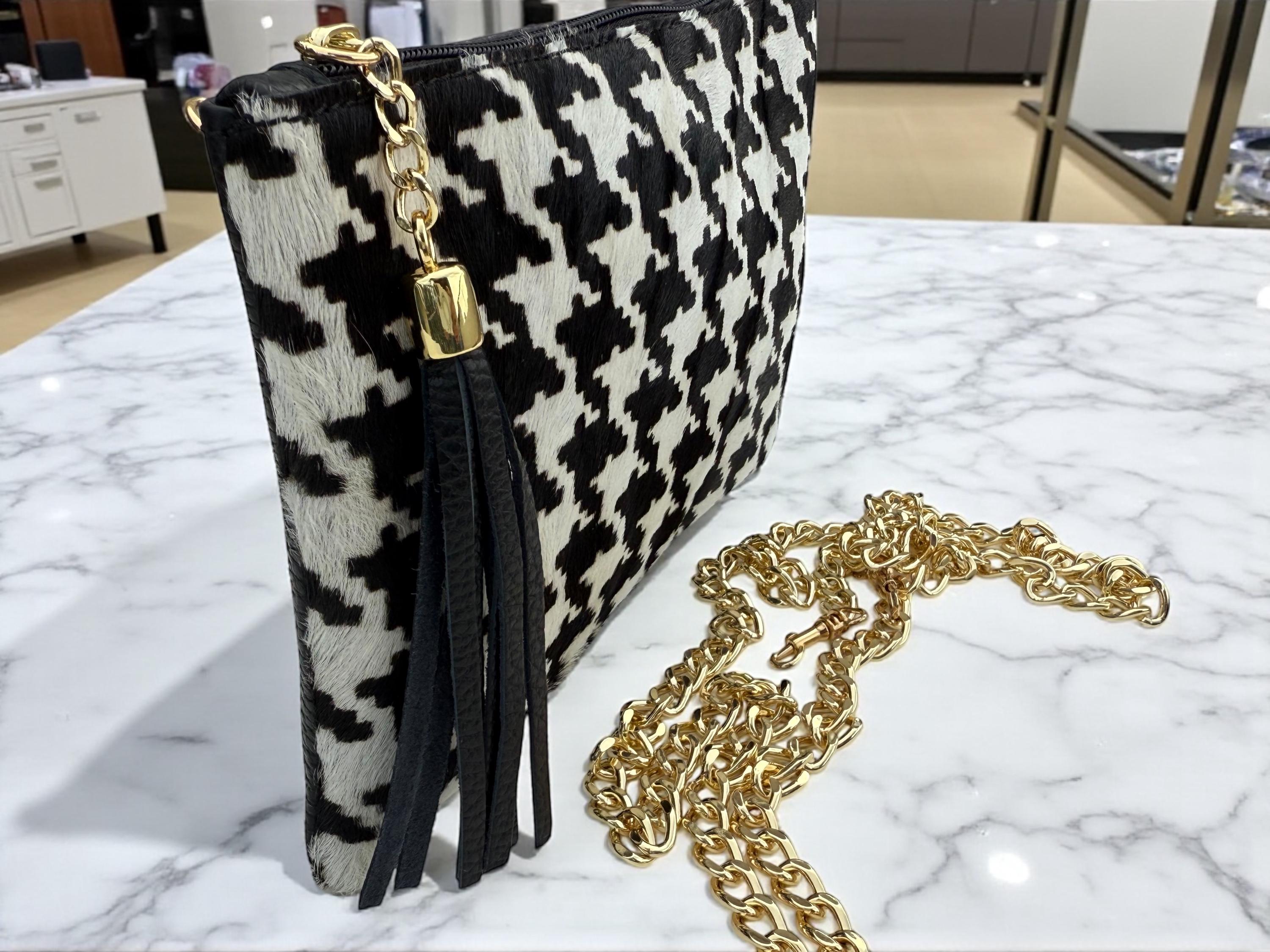 Houndstooth Print Pony Hair Leather clutch–, Gold Chain & Tassel