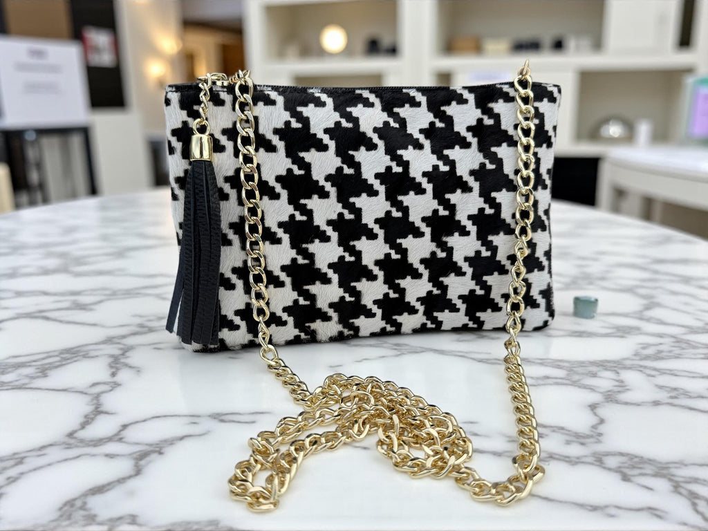 Houndstooth Print Pony Hair Leather clutch–, Gold Chain & Tassel