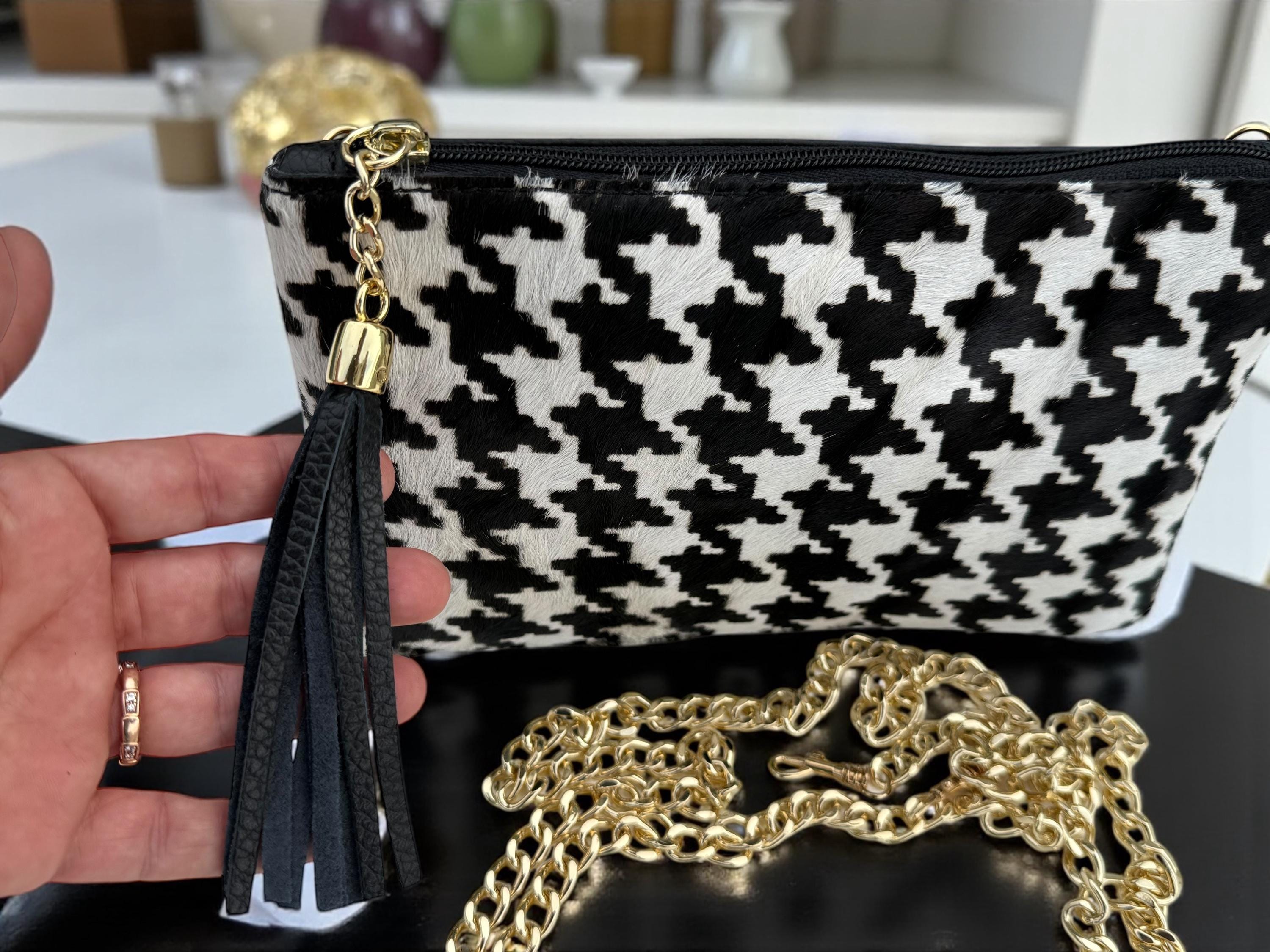 Houndstooth Print Pony Hair Leather clutch–, Gold Chain & Tassel