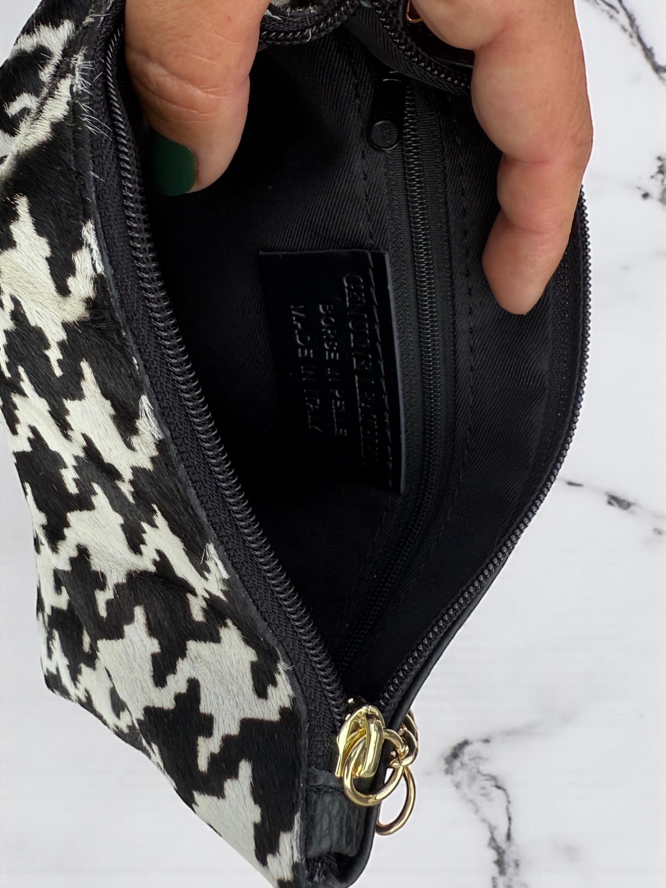 Houndstooth Print Pony Hair Leather clutch–, Gold Chain & Tassel