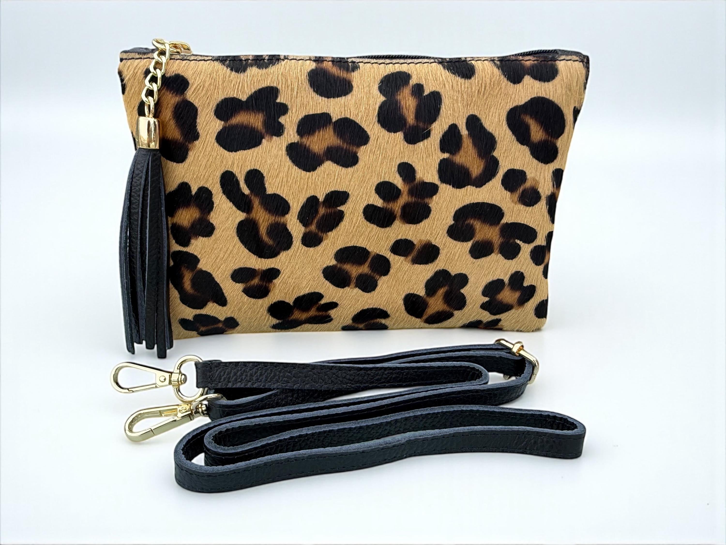 Leopard print Pony Hair Gebuine Leather clutch with tassel