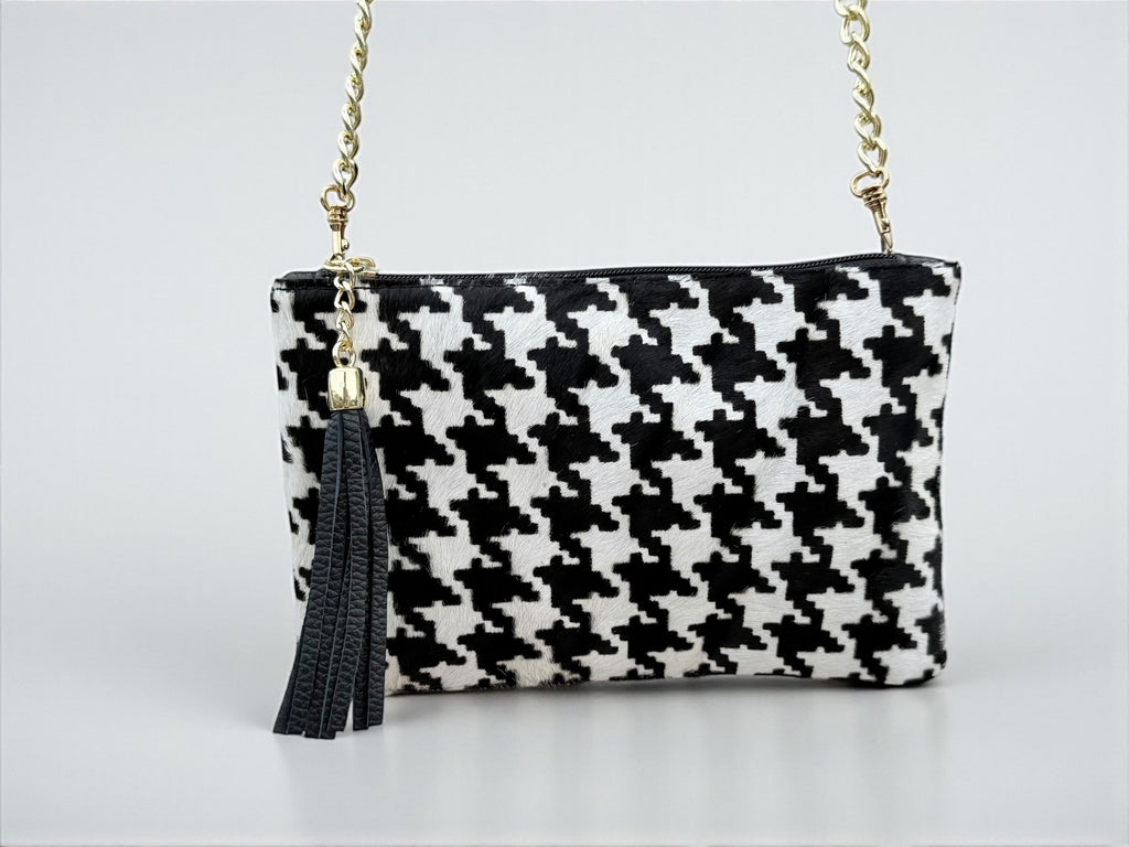 Houndstooth Print Pony Hair Leather clutch–, Gold Chain & Tassel