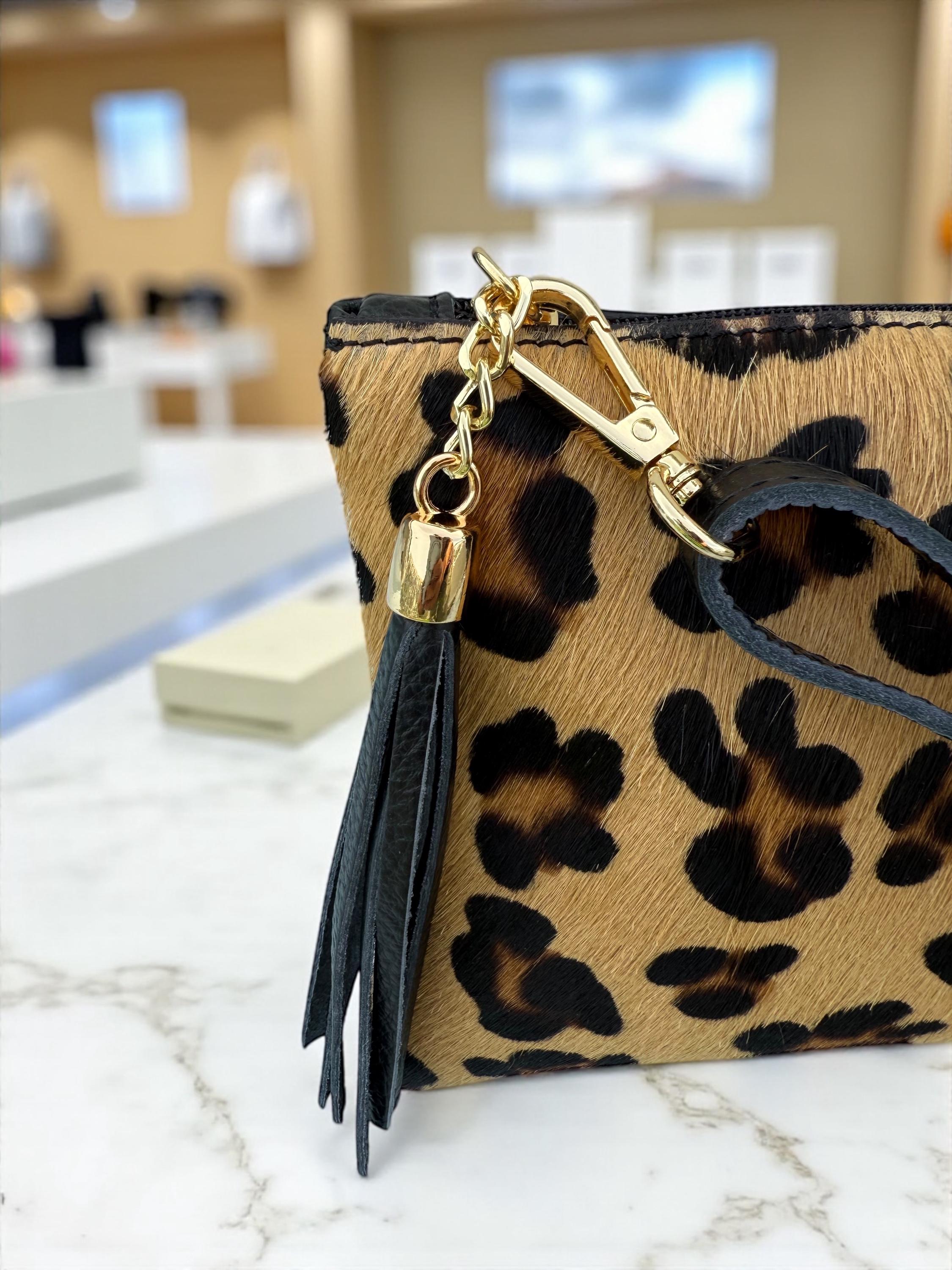 Leopard print Pony Hair Gebuine Leather clutch with tassel