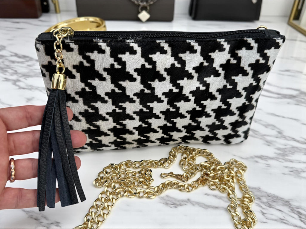 Houndstooth Print Pony Hair Leather clutch–, Gold Chain & Tassel