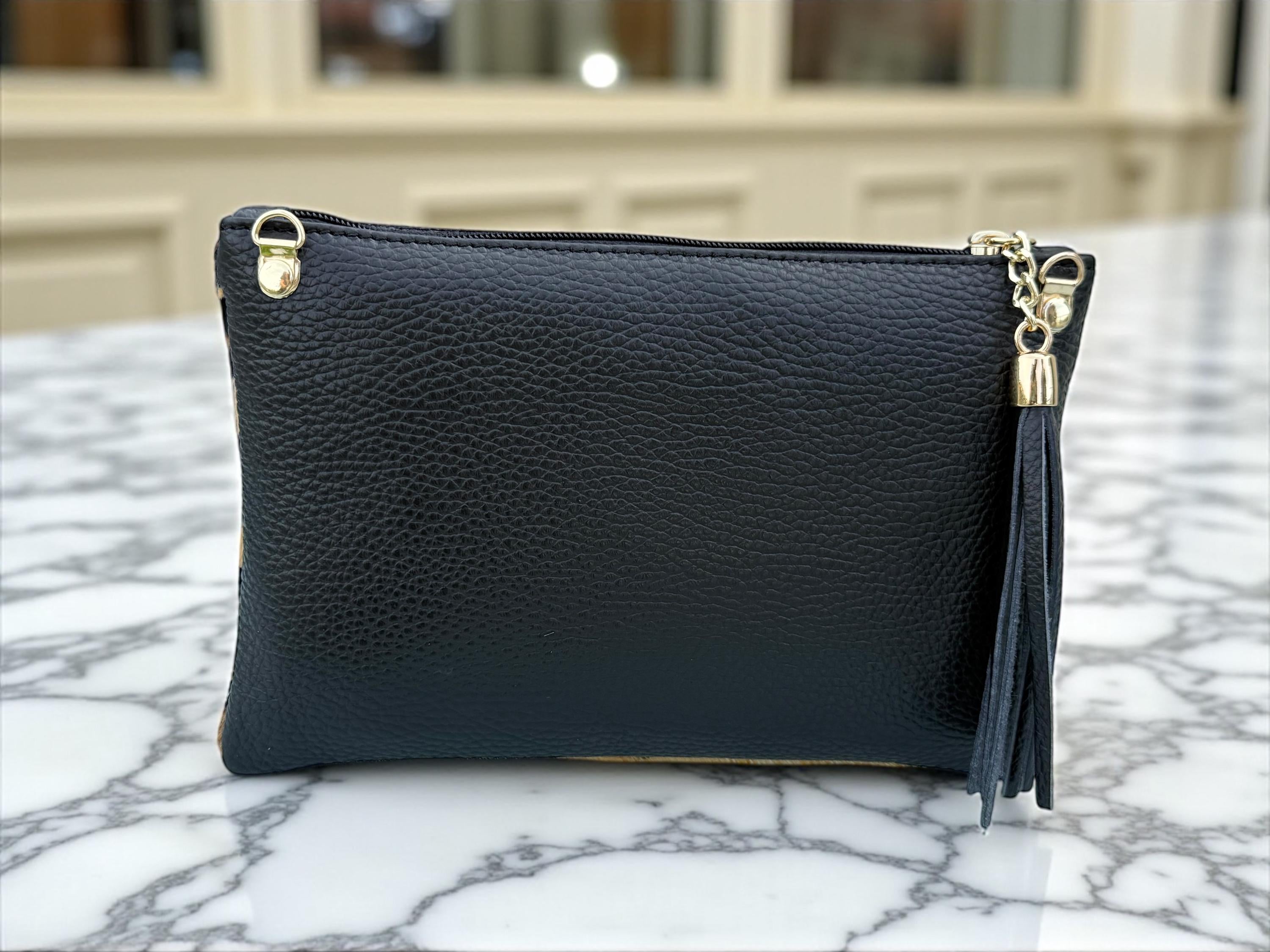 Leopard print Pony Hair Gebuine Leather clutch with tassel