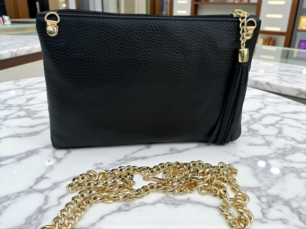 Houndstooth Print Pony Hair Leather clutch–, Gold Chain & Tassel