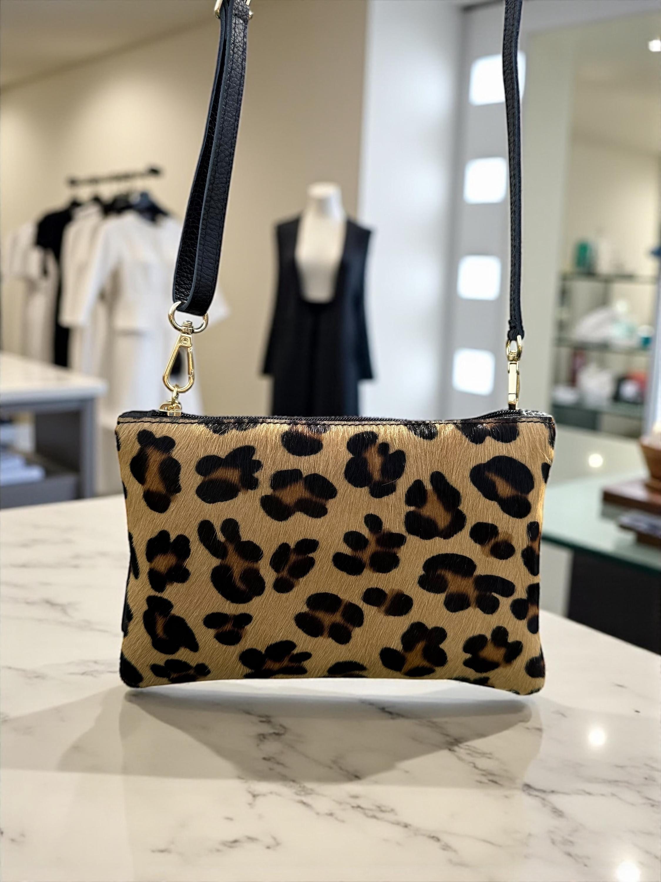 Leopard print Pony Hair Gebuine Leather clutch with tassel