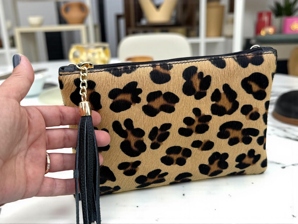 Leopard print Pony Hair Gebuine Leather clutch with tassel