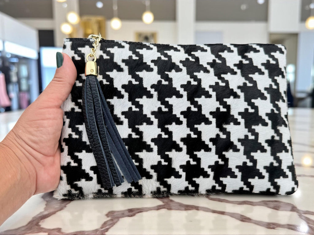 Houndstooth Print Pony Hair Leather clutch–, Gold Chain & Tassel