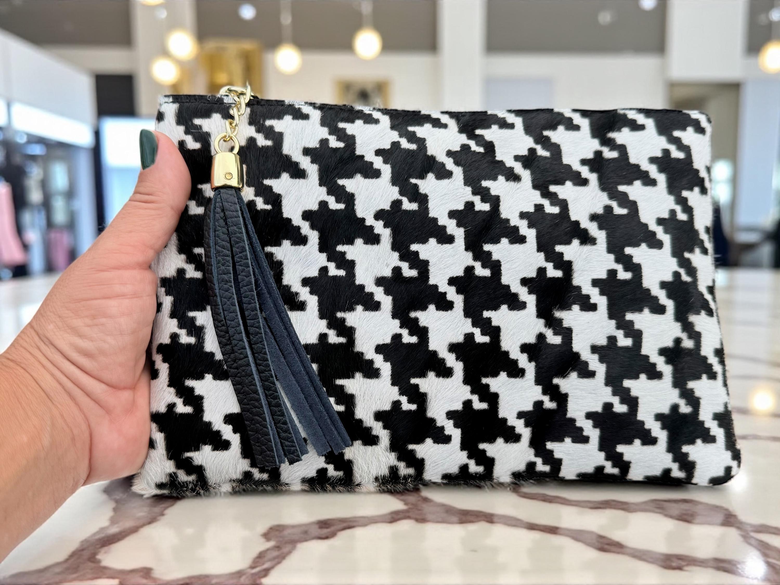 Houndstooth Print Pony Hair Leather clutch–, Gold Chain & Tassel