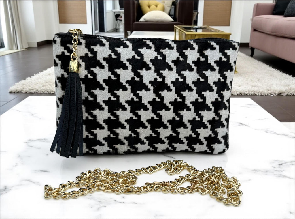 Houndstooth Print Pony Hair Leather clutch–, Gold Chain & Tassel