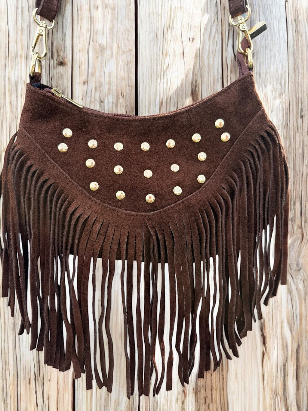 Chocolate Italian Suede leather Fringe Bag with Gold Studs