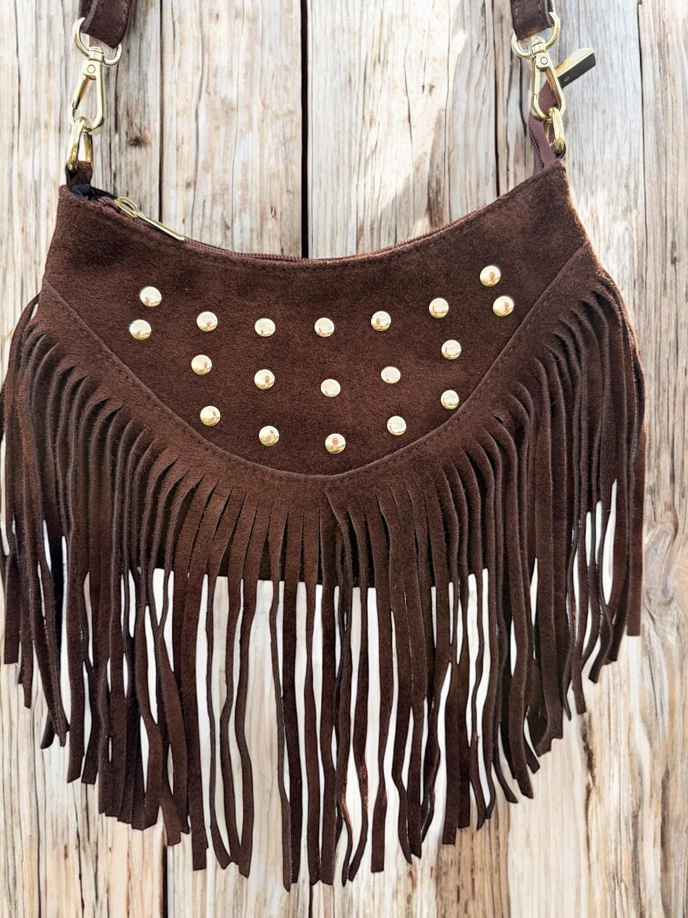 Chocolate Italian Suede leather Fringe Bag with Gold Studs