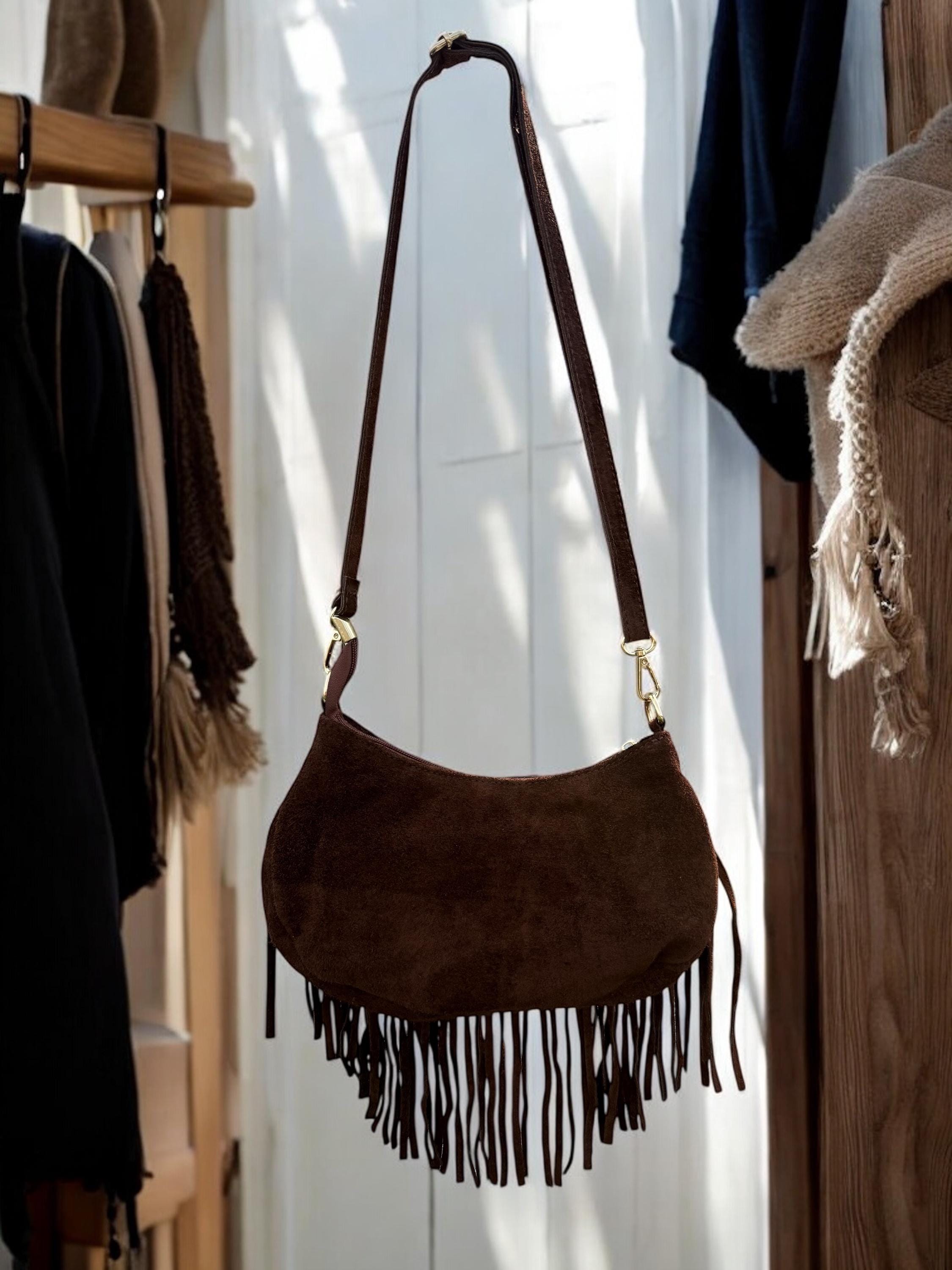 Chocolate Italian Suede leather Fringe Bag with Gold Studs