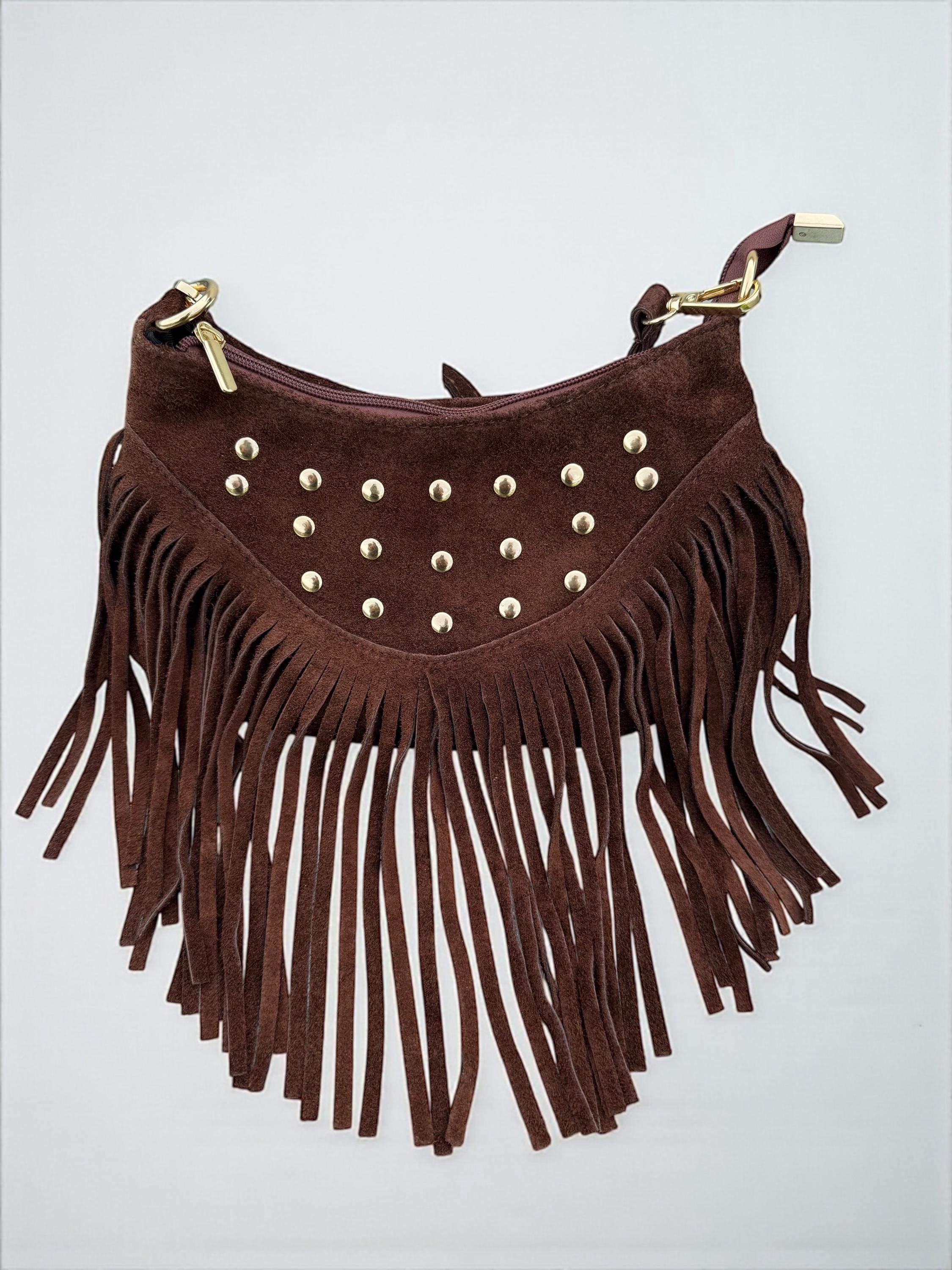 Chocolate Italian Suede leather Fringe Bag with Gold Studs