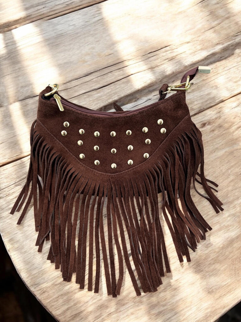 Chocolate Italian Suede leather Fringe Bag with Gold Studs