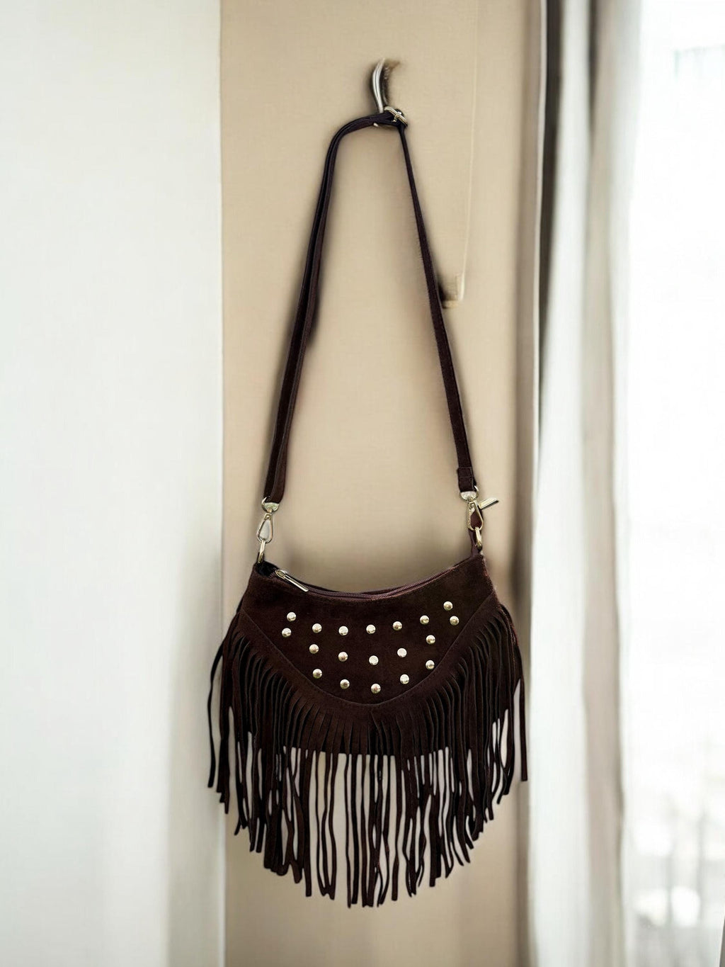 Chocolate Italian Suede leather Fringe Bag with Gold Studs