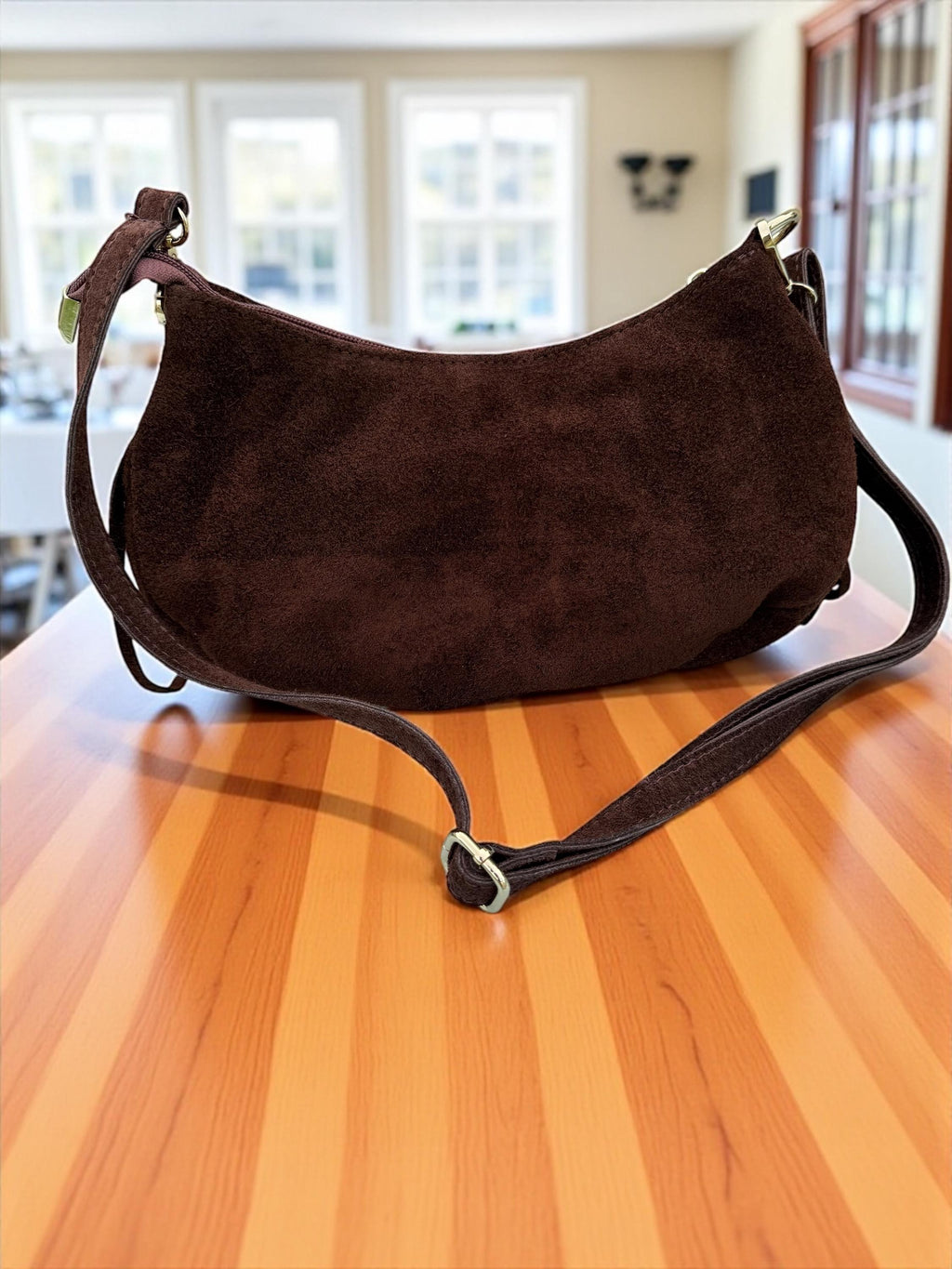 Chocolate Italian Suede leather Fringe Bag with Gold Studs