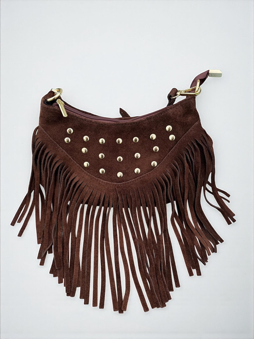 Chocolate Italian Suede leather Fringe Bag with Gold Studs