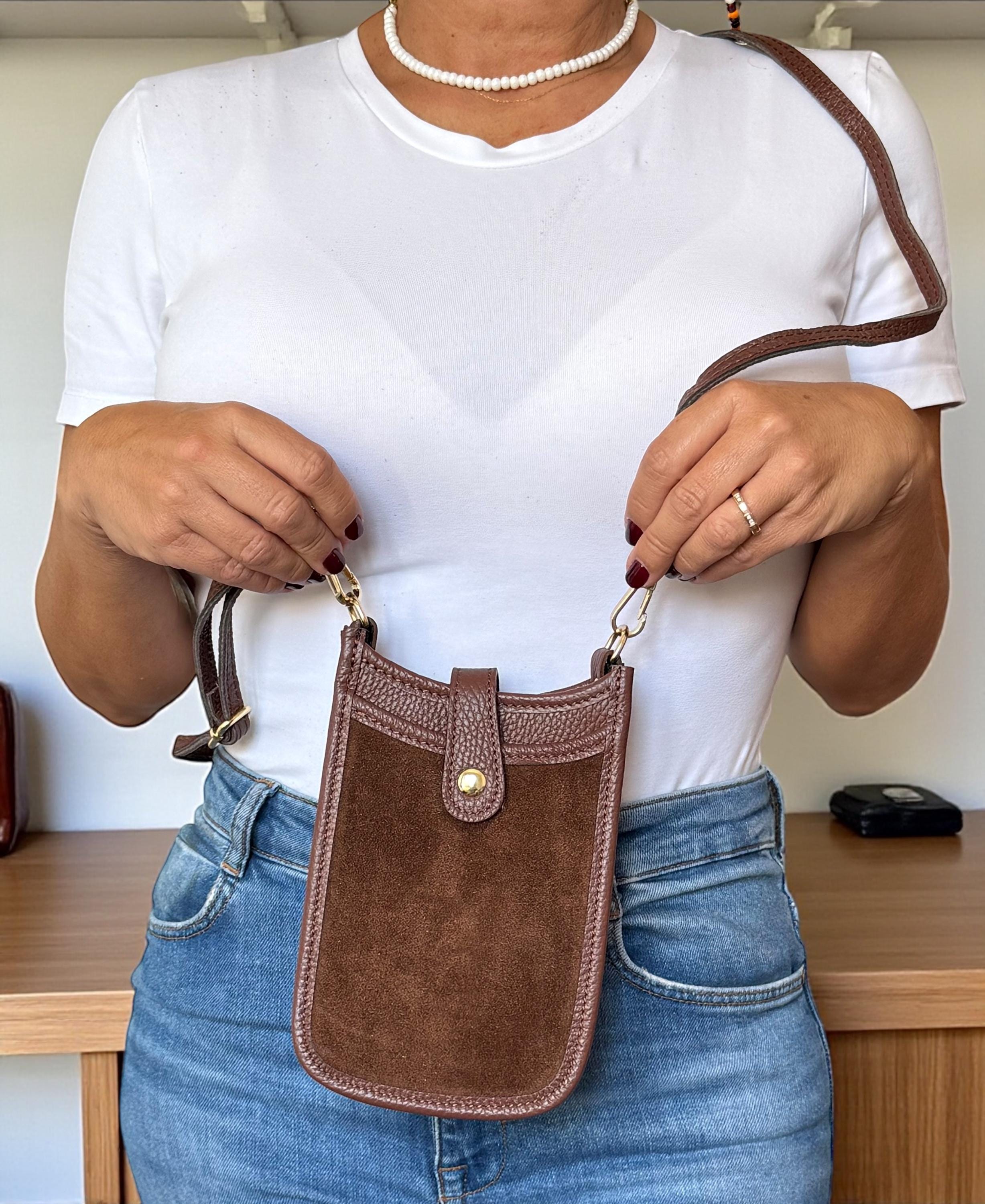 Italian Suede & Leather Mini Crossbody Brown  Phone Bag