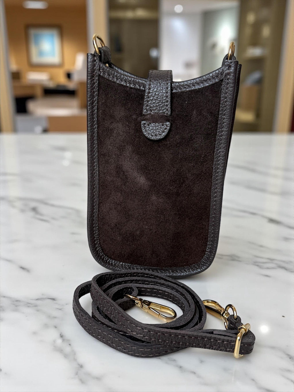 Brown Italian Suede & Leather Mini Crossbody Phone Bag