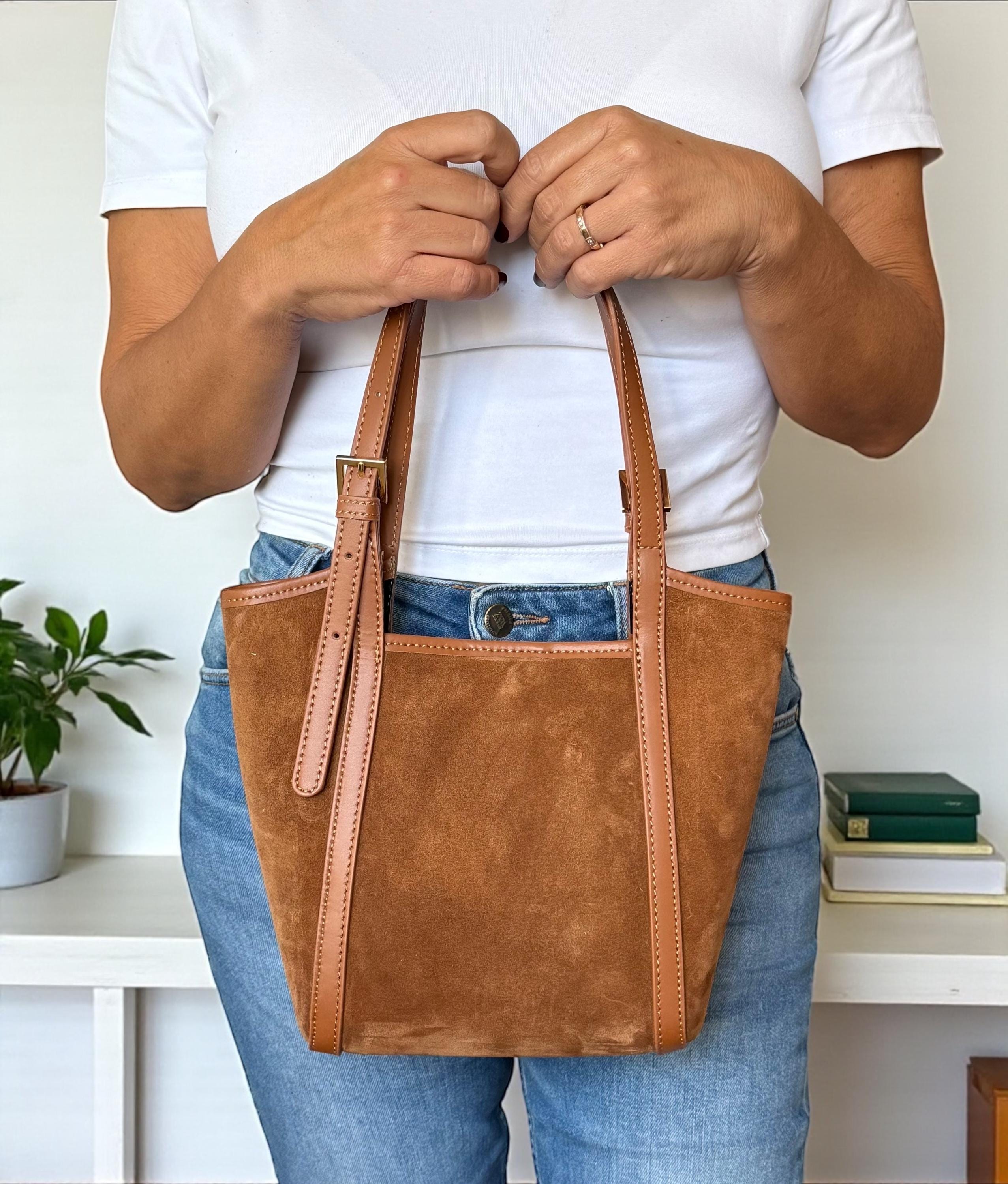 Camel Brown Italian Suede & Leather Trapezoid Tote