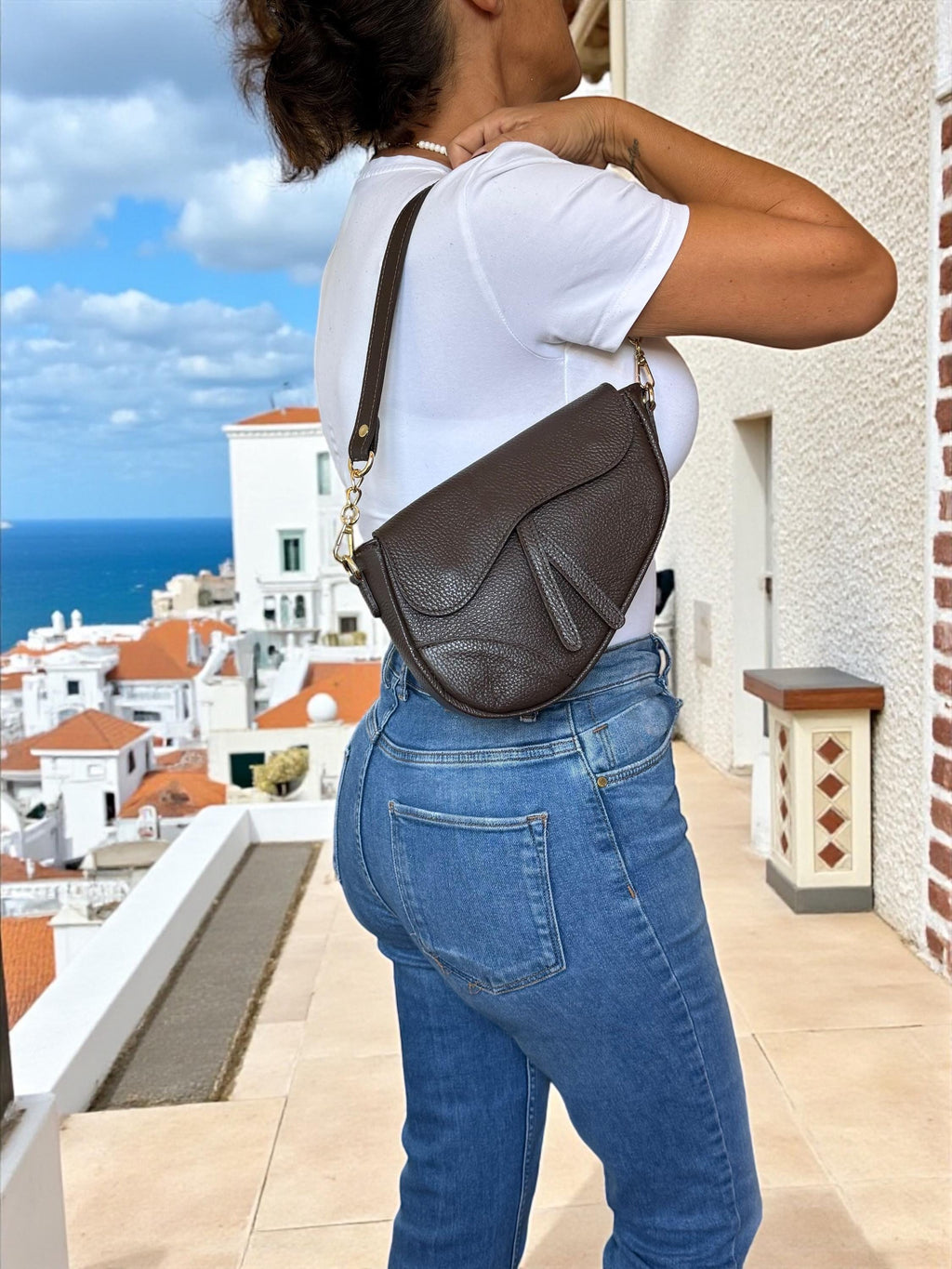 Asymmetric pebbled Leather Saddle Flap Bag