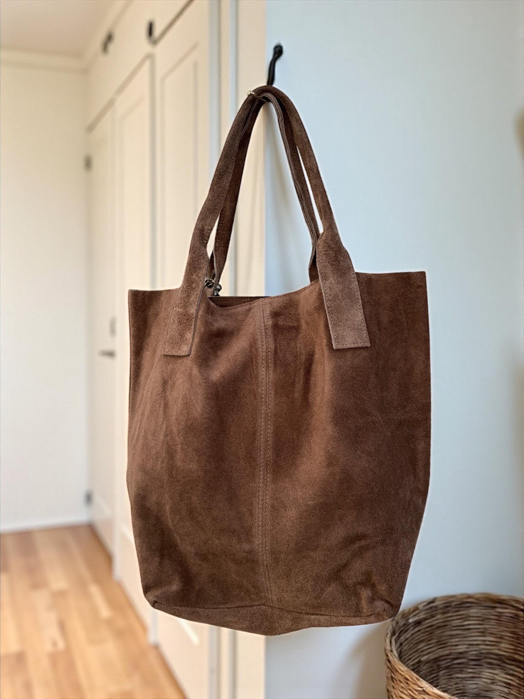 Slouchy Suede olive green Tote Bag with Tassel and Interior Pocket