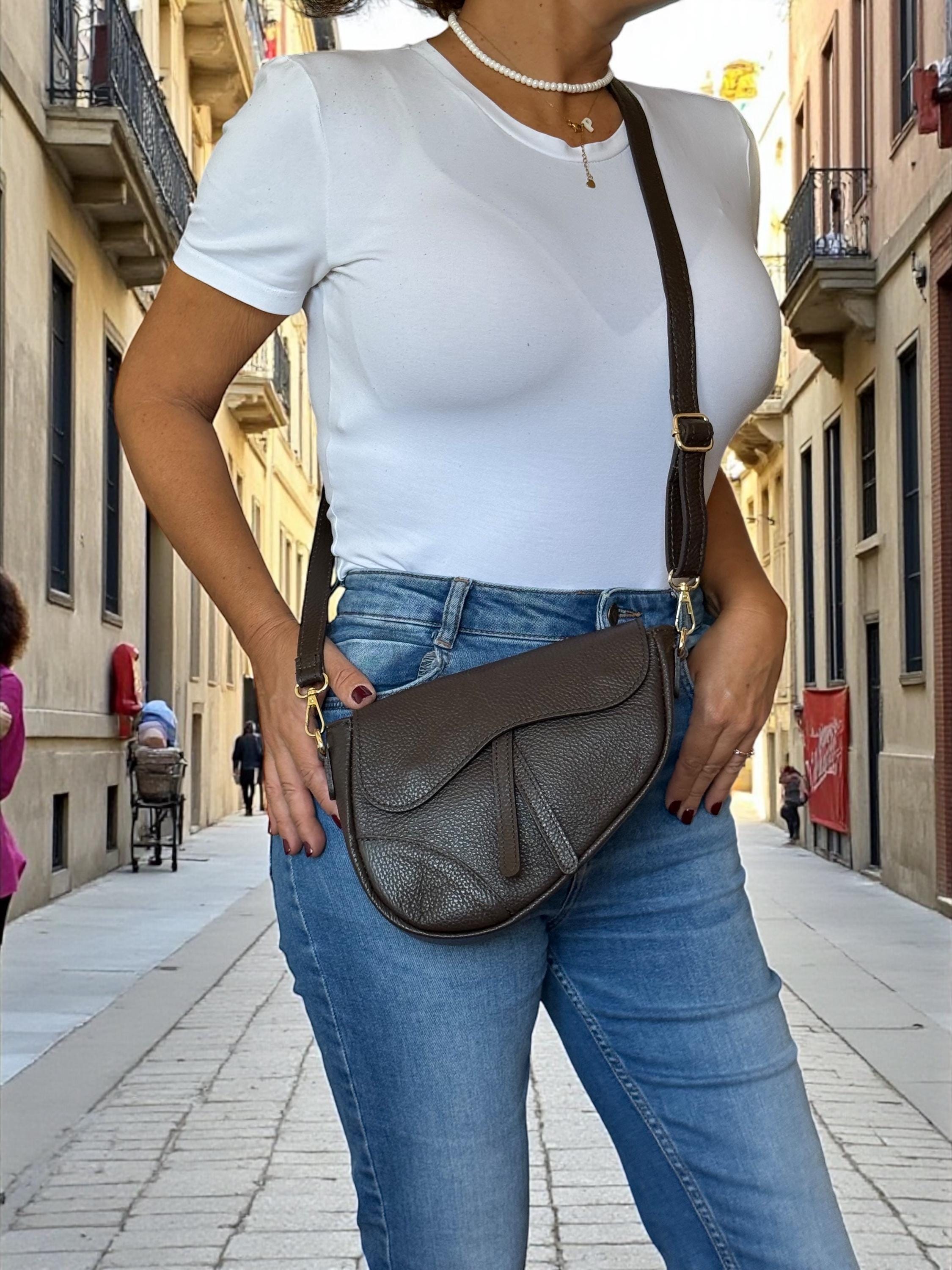 Asymmetric pebbled Leather Saddle Flap Bag