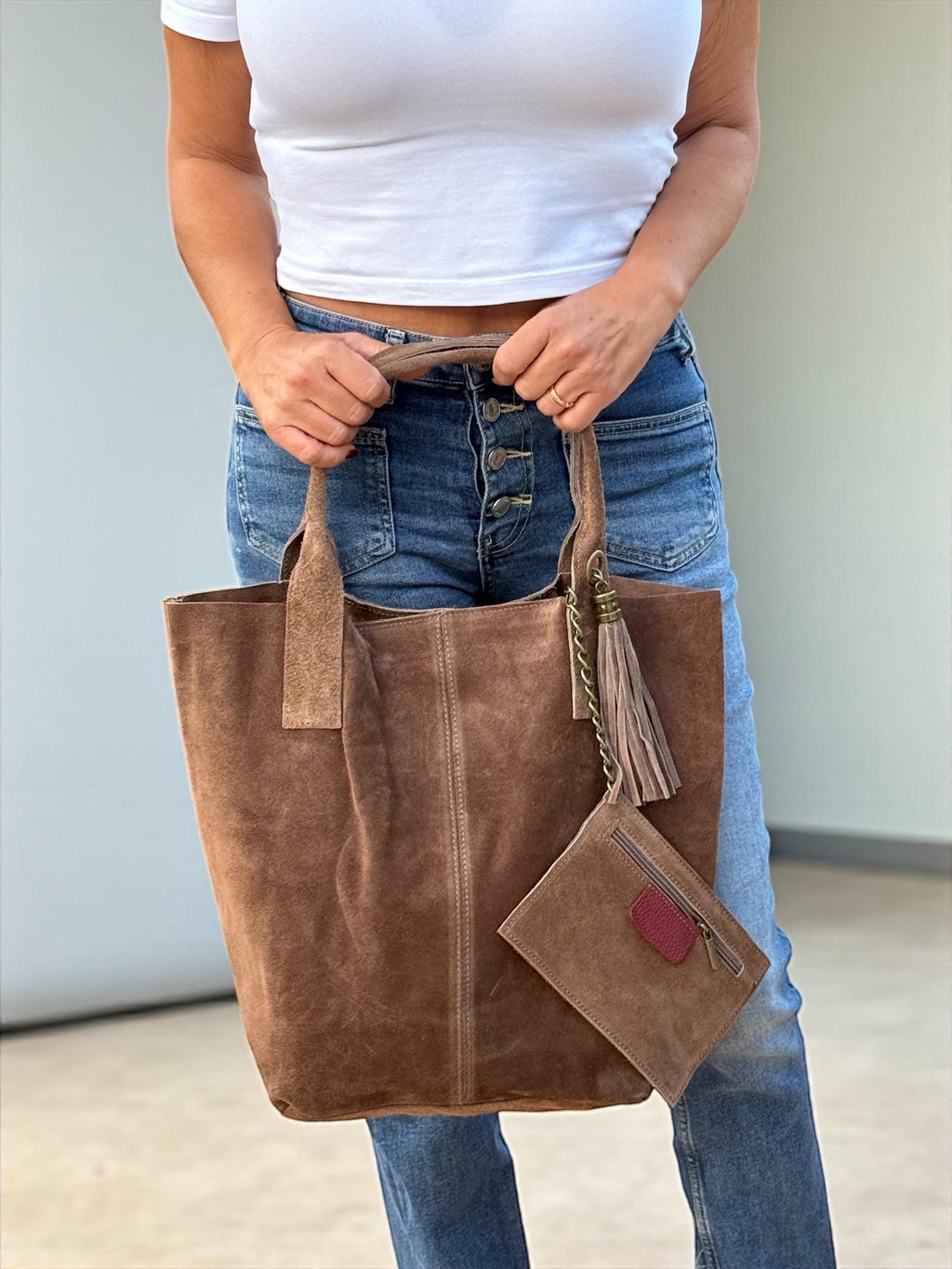 Slouchy Suede olive green Tote Bag with Tassel and Interior Pocket