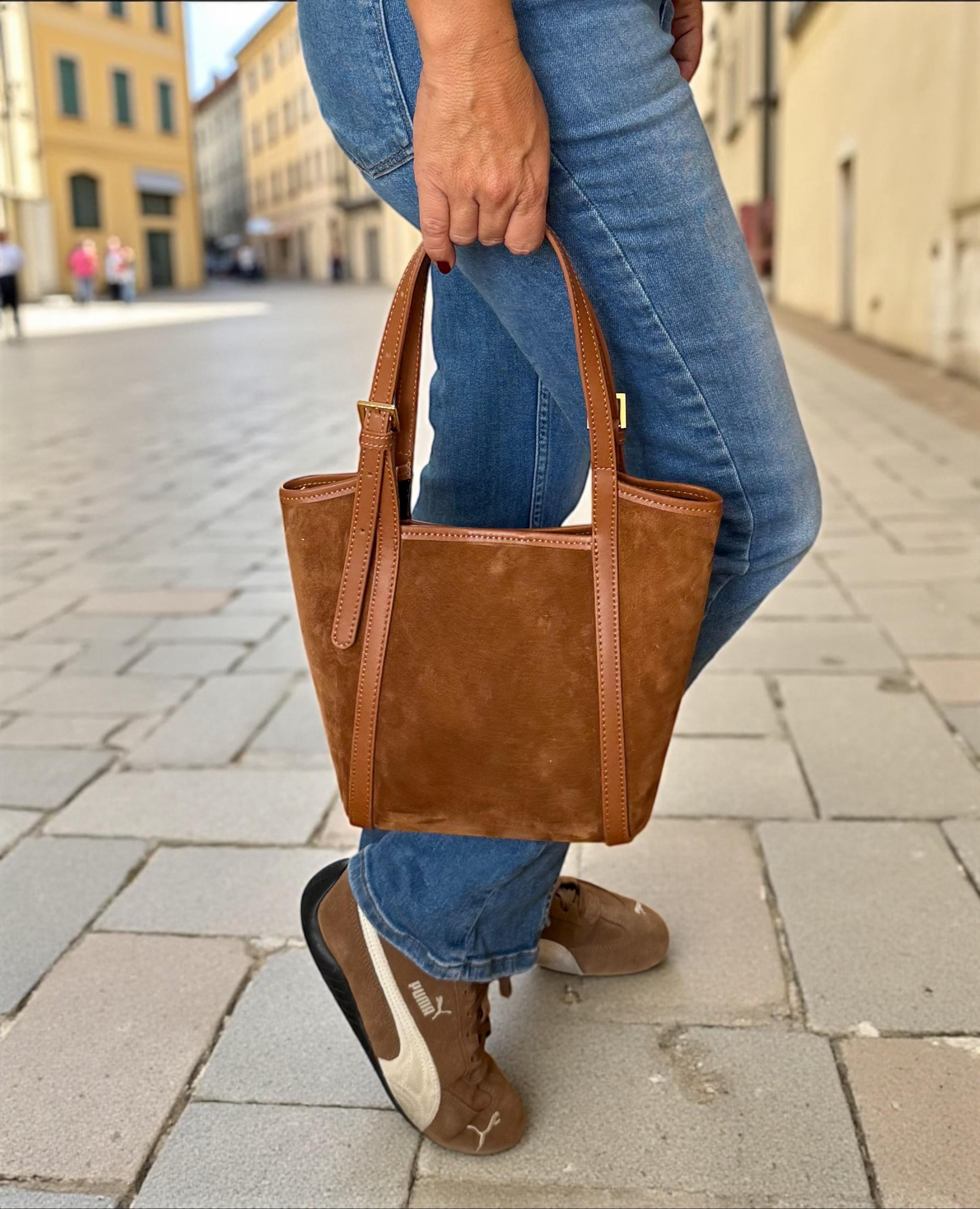 Camel Brown Italian Suede & Leather Trapezoid Tote
