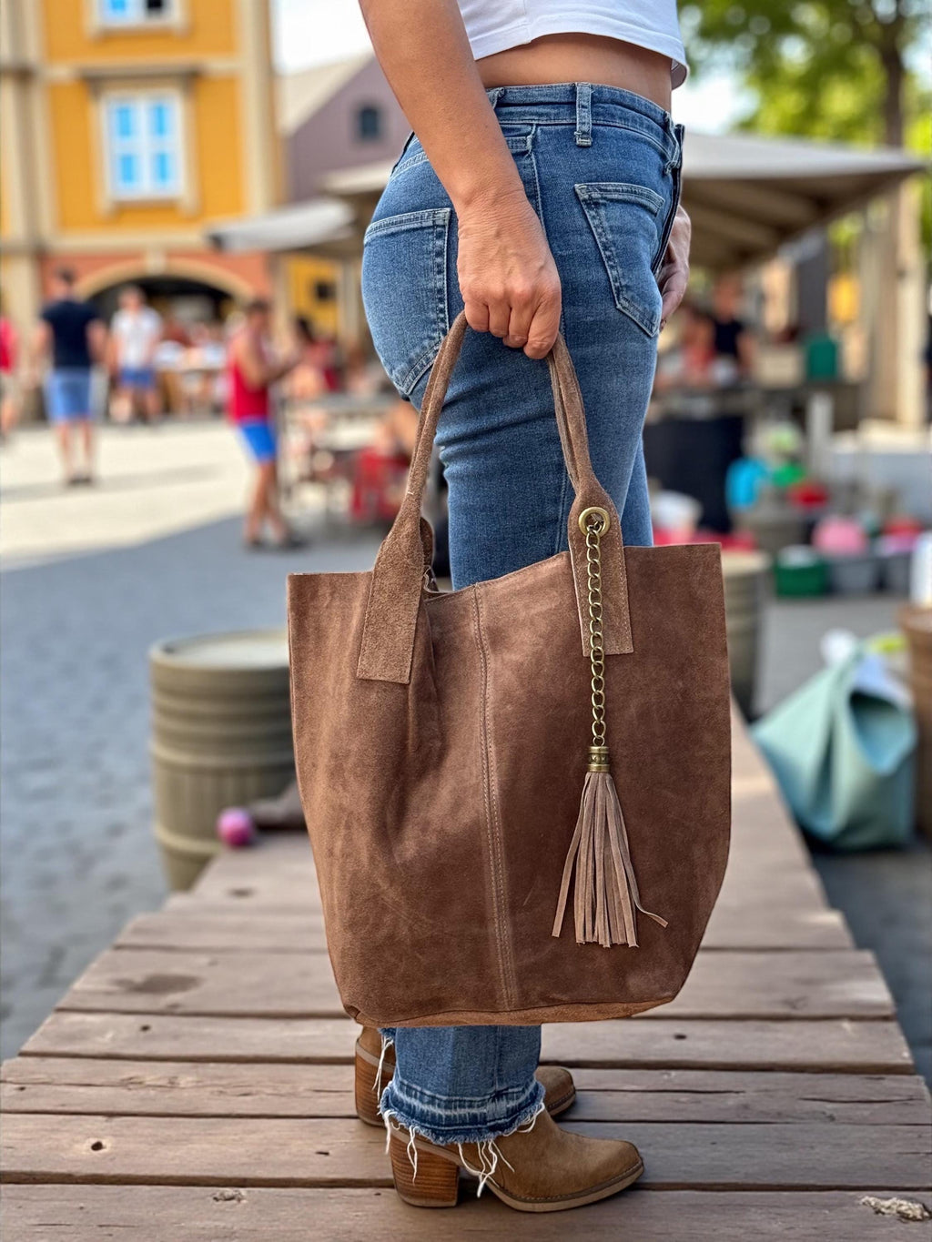 Slouchy Suede olive green Tote Bag with Tassel and Interior Pocket