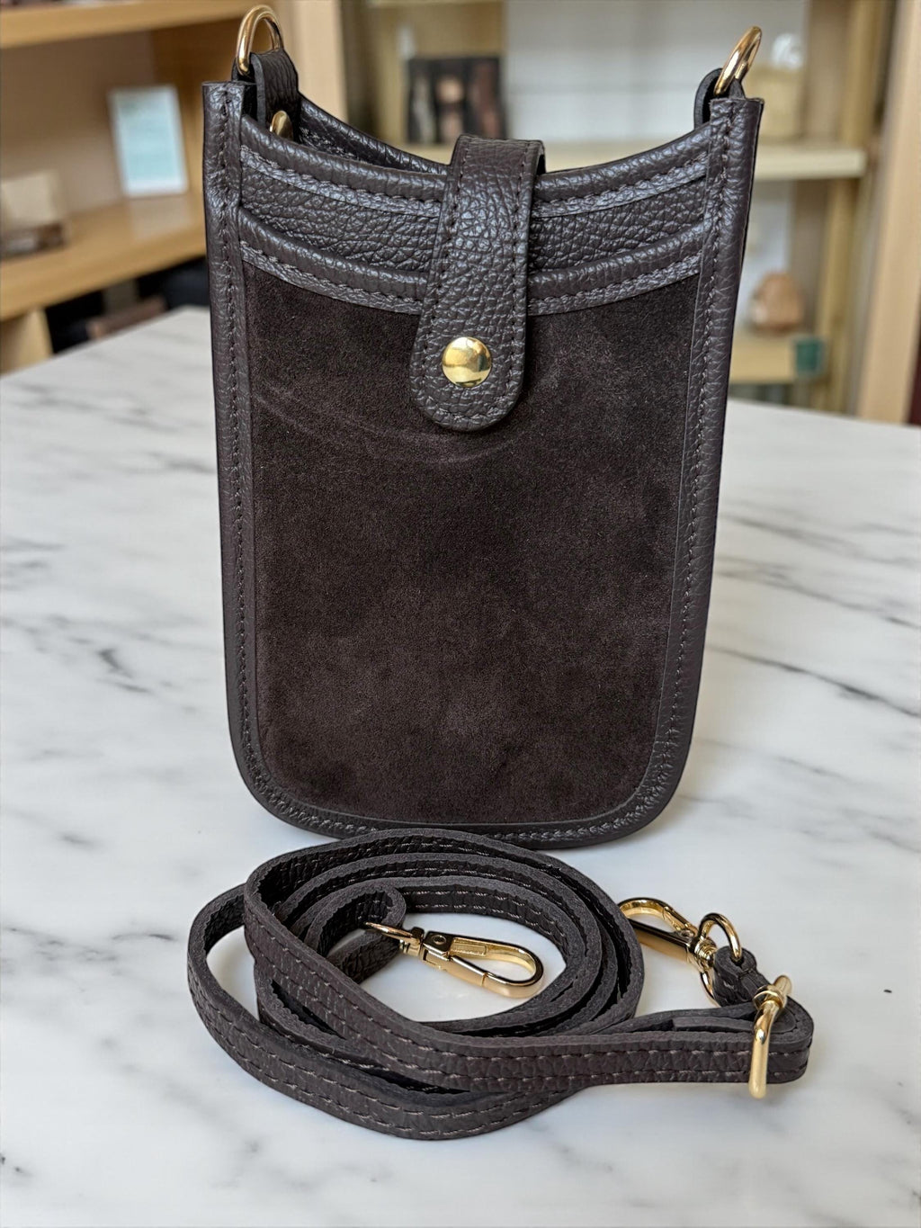 Italian Suede & Leather Mini Crossbody Brown  Phone Bag