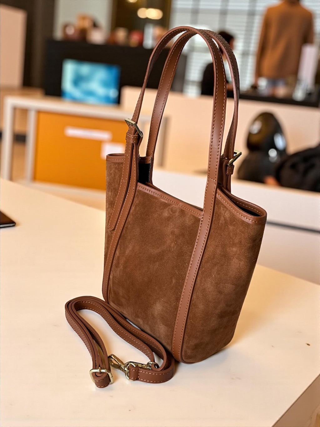 Camel Brown Italian Suede & Leather Trapezoid Tote