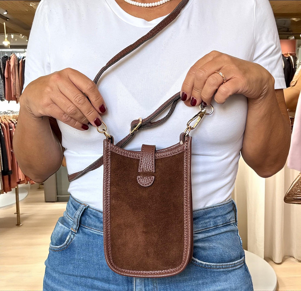 Italian Suede & Leather Mini Crossbody Brown  Phone Bag