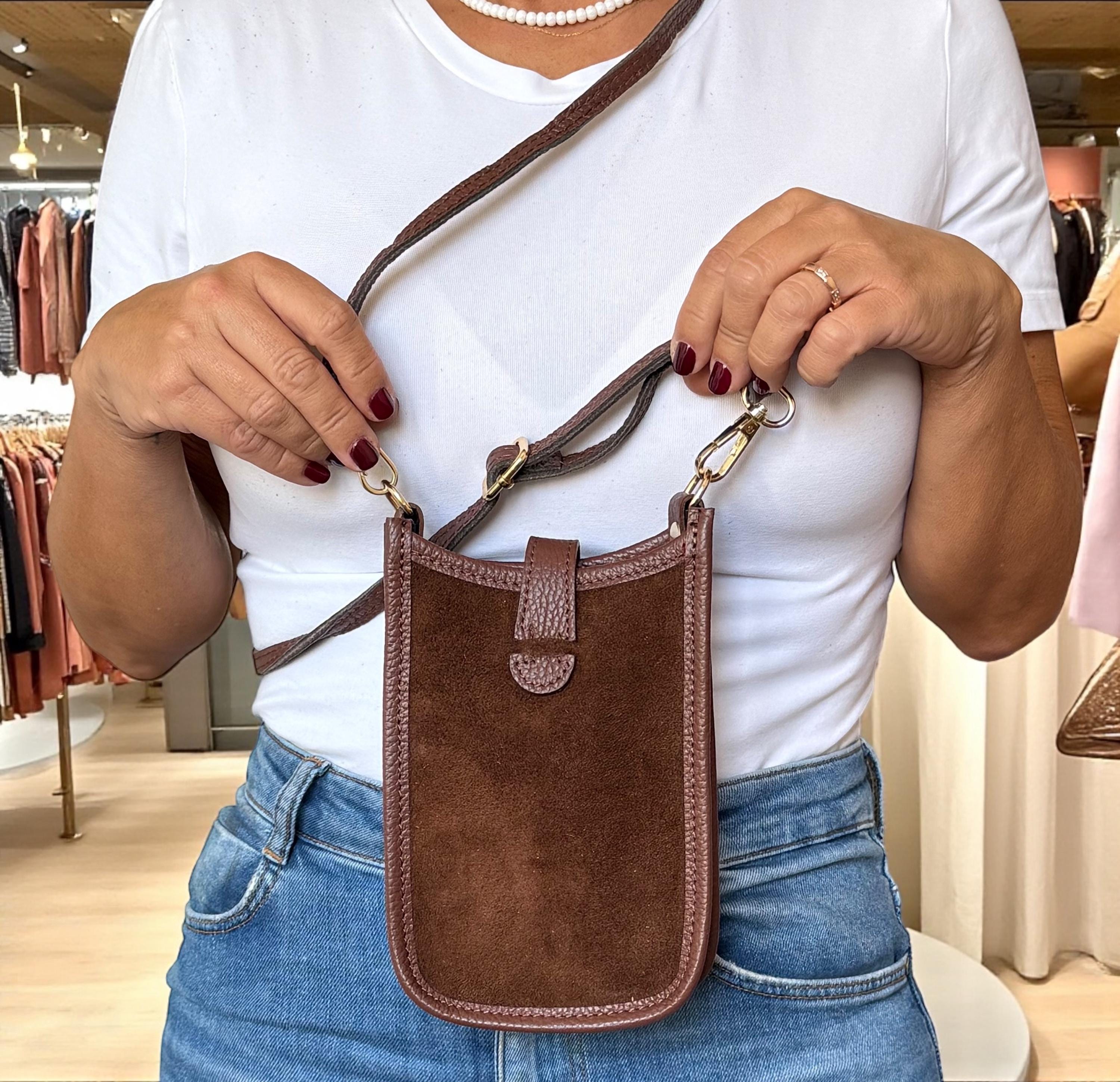 Italian Suede & Leather Mini Crossbody Brown  Phone Bag