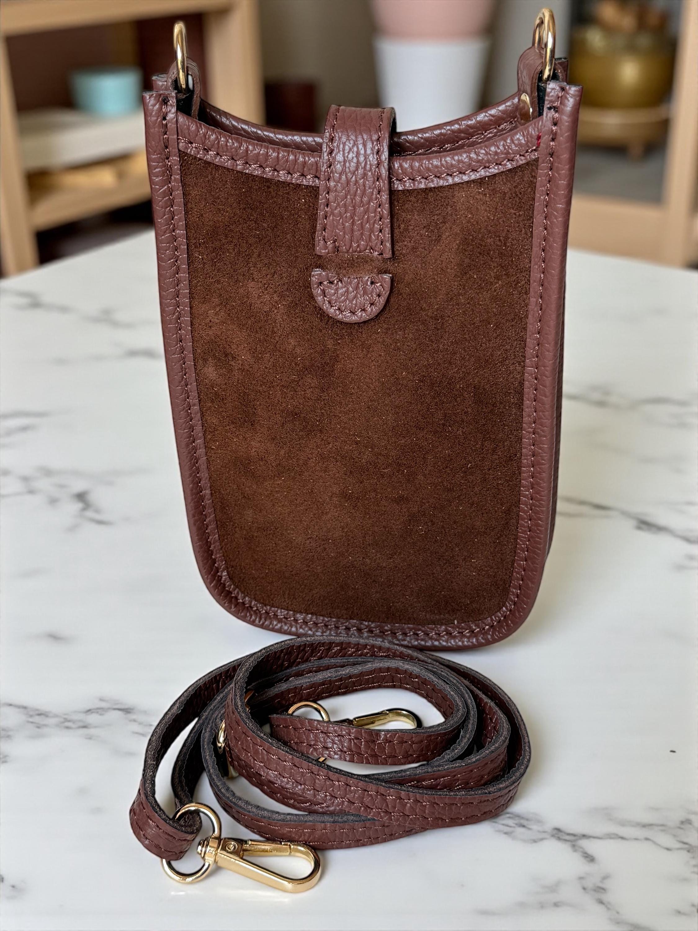 Italian Suede & Leather Mini Crossbody Brown  Phone Bag