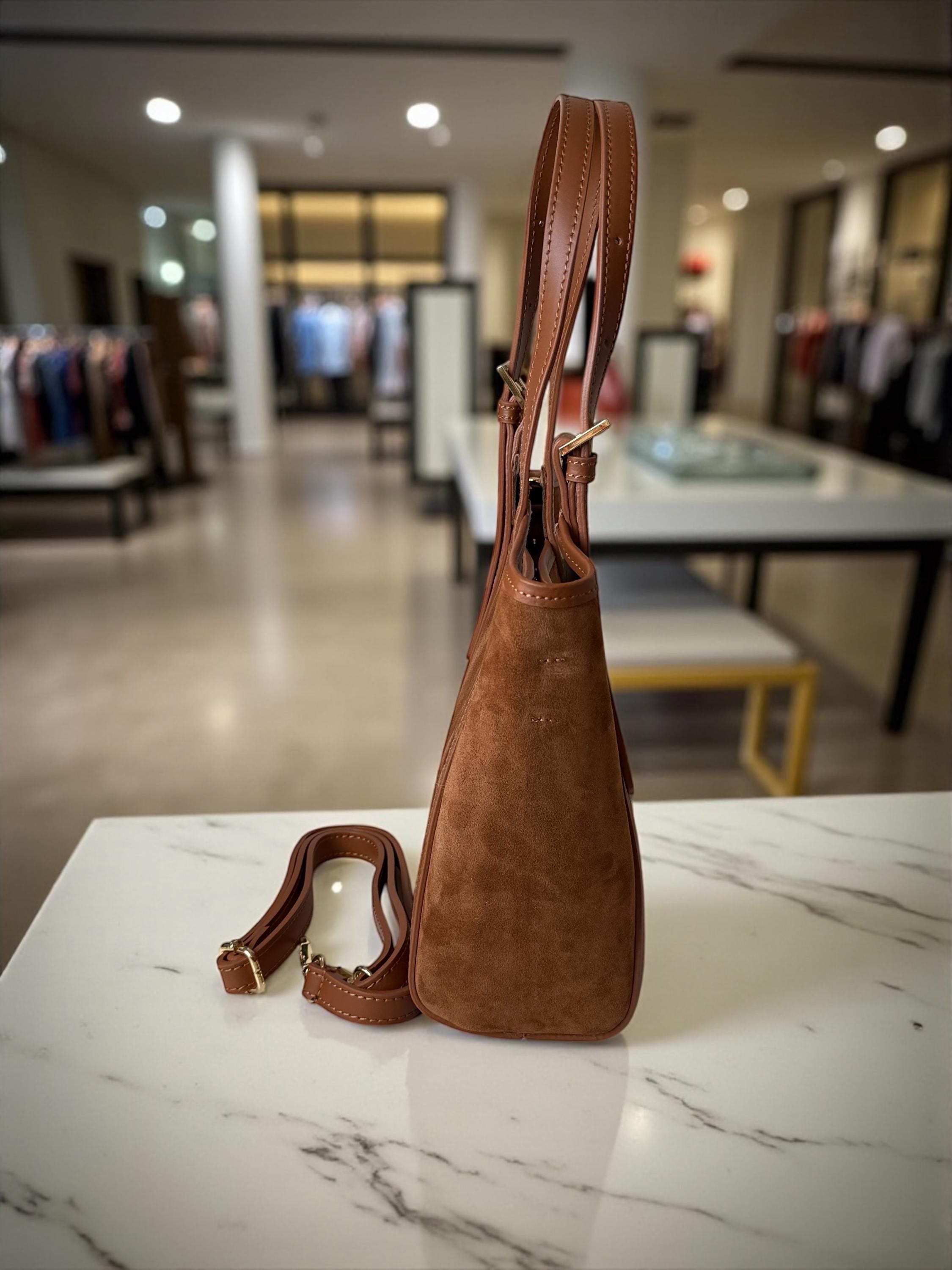 Camel Brown Italian Suede & Leather Trapezoid Tote