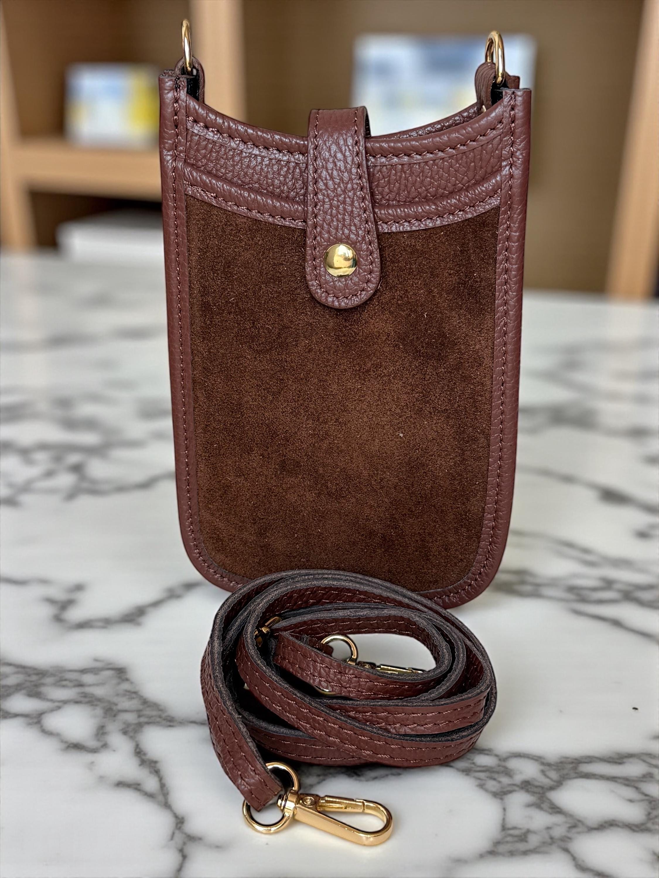 Brown Italian Suede & Leather Mini Crossbody Phone Bag